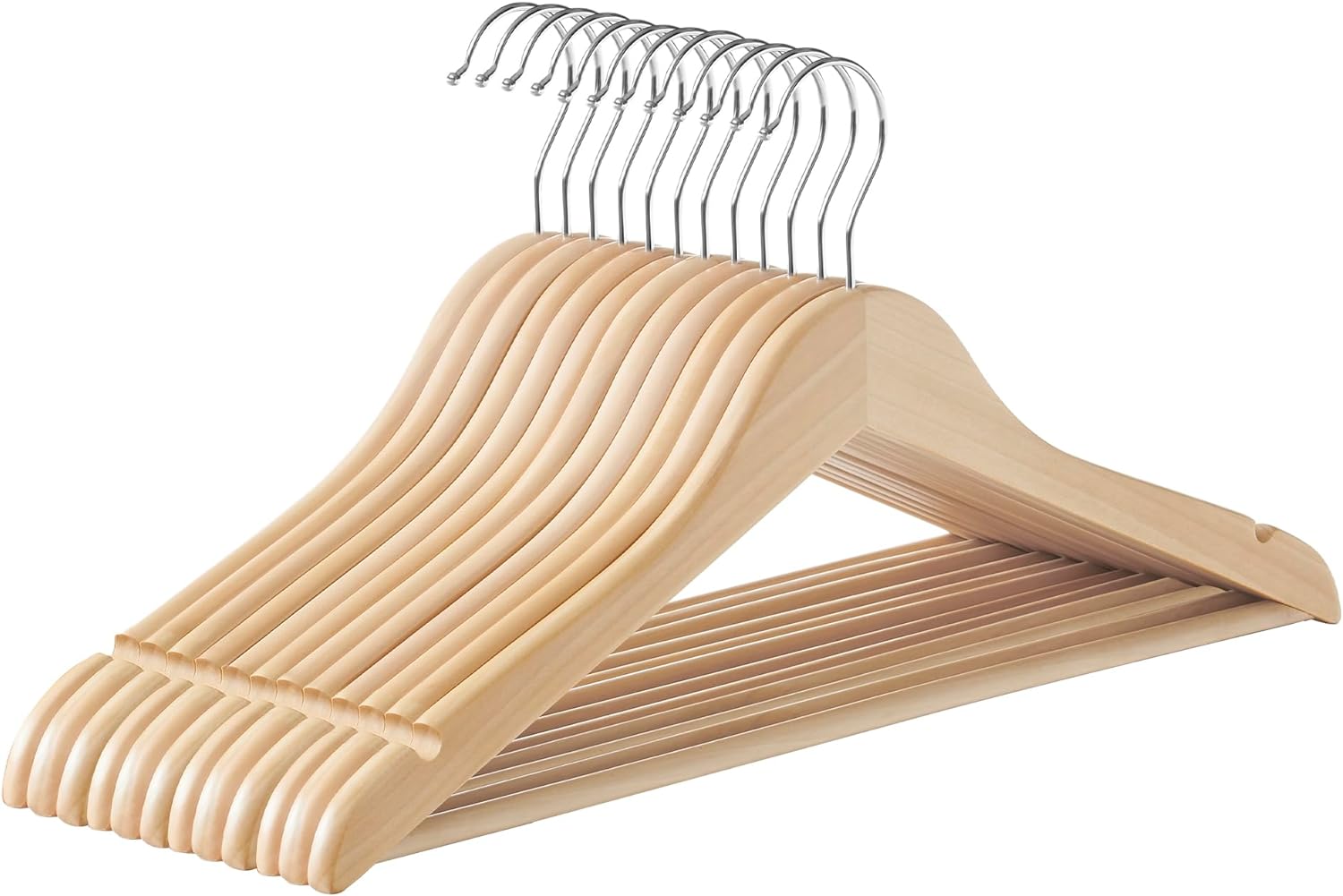 SONGMICS Wooden Hangers, Pack of 12, Coat Hangers, Non-Slip, Pants Bar, 360 Swivel Hooks, for Jackets, Shirts, Coats, Natural Beige UCRW010N12