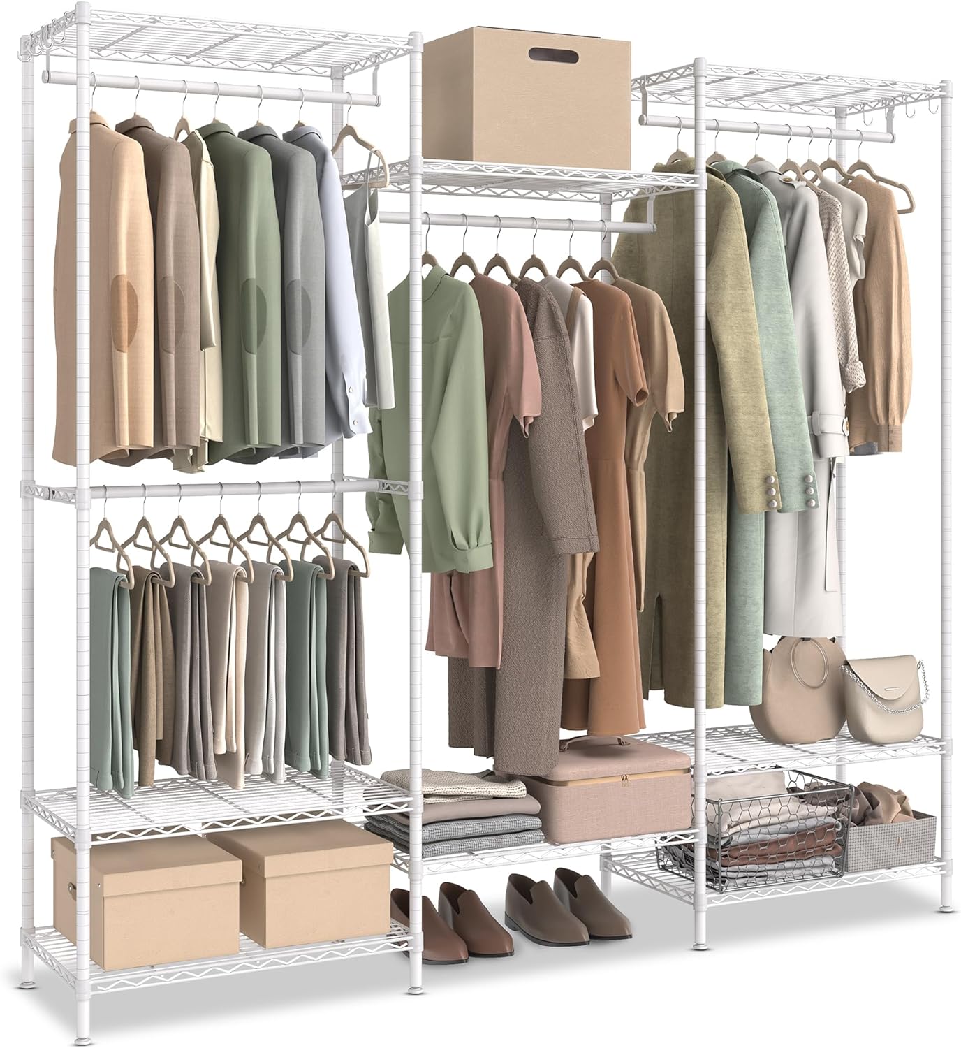 SONGMICS Clothing Rack, Heavy-Duty Garment Rack with Adjustable Storage Shelves and Hanging Rails, Hooks, Dividable, Freestanding Portable Wardrobe Closet Rack, Cloud White ULGR431W01