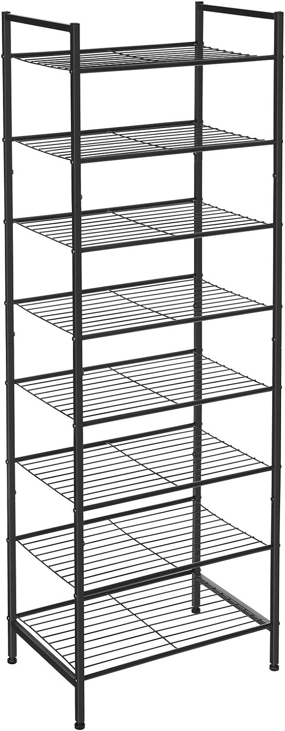 SONGMICS Shoe Rack 8 Tier Tall Shoe Storage Organizer, Sturdy Metal Narrow Shoe Shelf for Closet Entry Small Space, Slim Shoe Stand Holder for 16-24 Pairs, Stackable Vertical Shoe Tower, Black