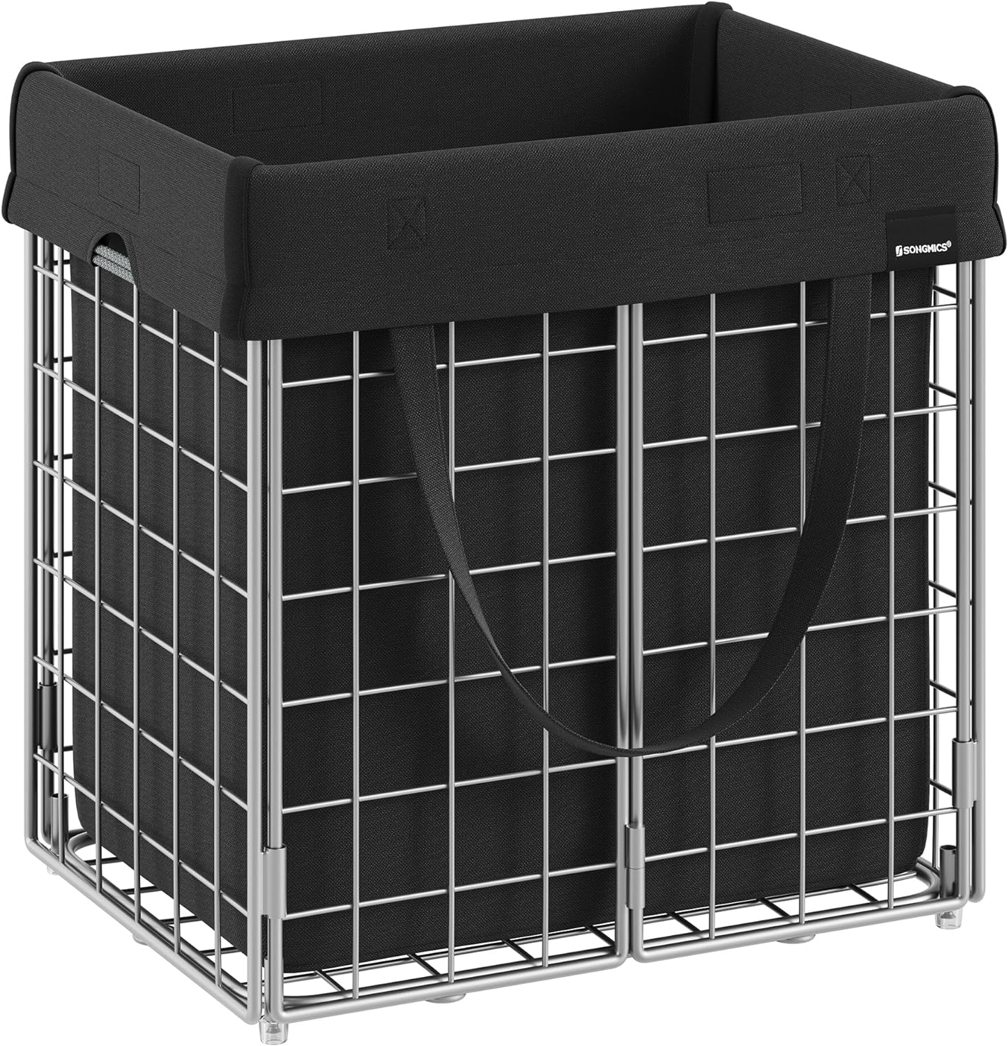 SONGMICS Laundry Hamper, 11 Gal. (50L) Laundry Basket, Collapsible Clothes Hamper, Removable and Washable Liner, Metal Wire Frame, for Bedroom Bathroom, Silver and Classic Black ULCB150B01