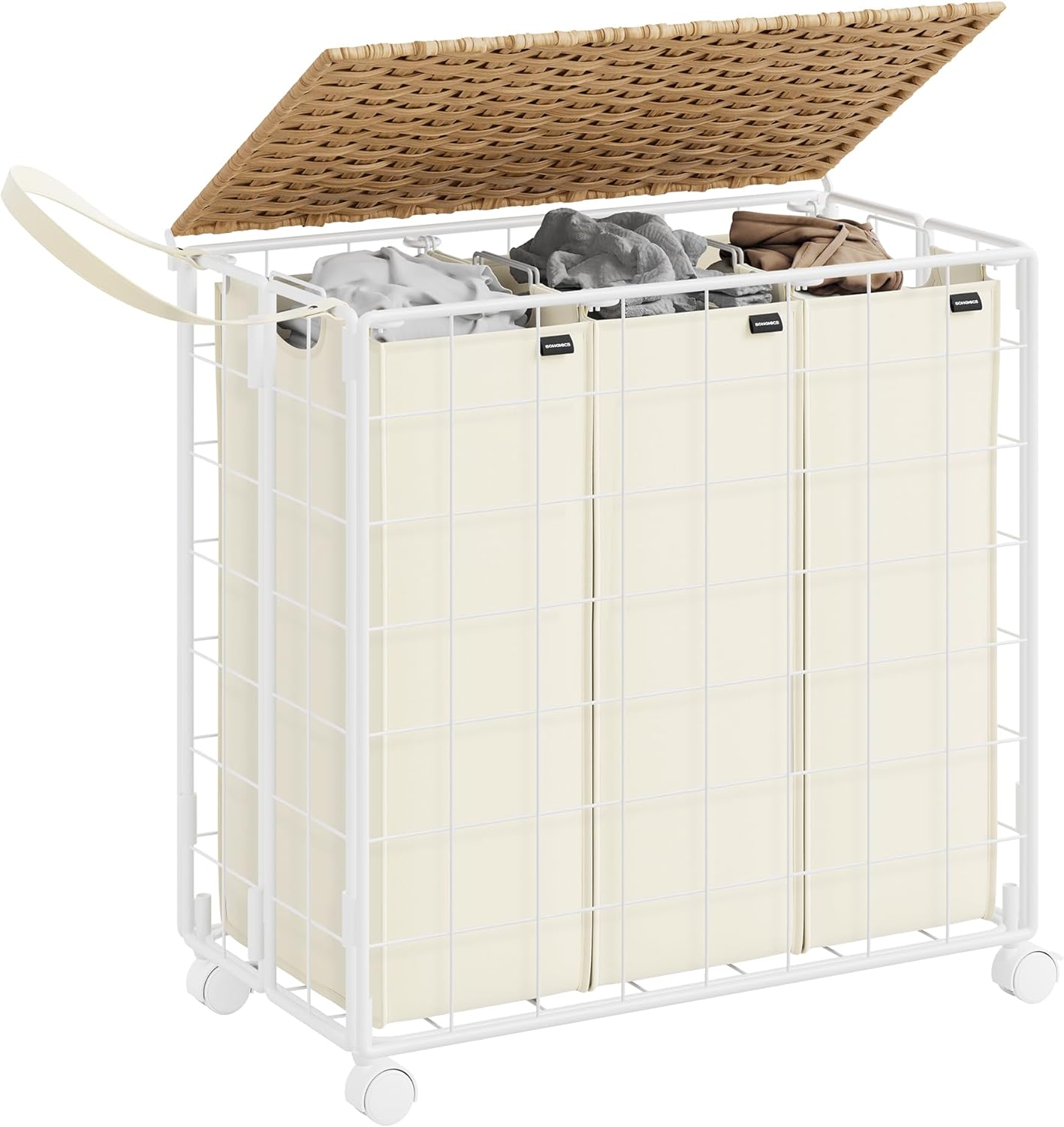 SONGMICS Laundry Hamper, 130L Laundry Basket with Wheels, Clothes Hamper 3 Section with Ratten Lid, Collapsible Removable Liner Bag, Iron-Made Laundry Sorter, Natural Beige and Cream White ULCB313N01