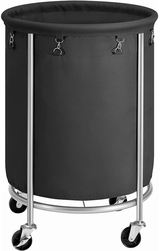 SONGMICS Laundry Basket with Wheels, Rolling Laundry Hamper, 45 Gal., Round Laundry Cart with Steel Frame and Removable Bag, 4 Casters and 2 Brakes, Black and Silver URLS001B01