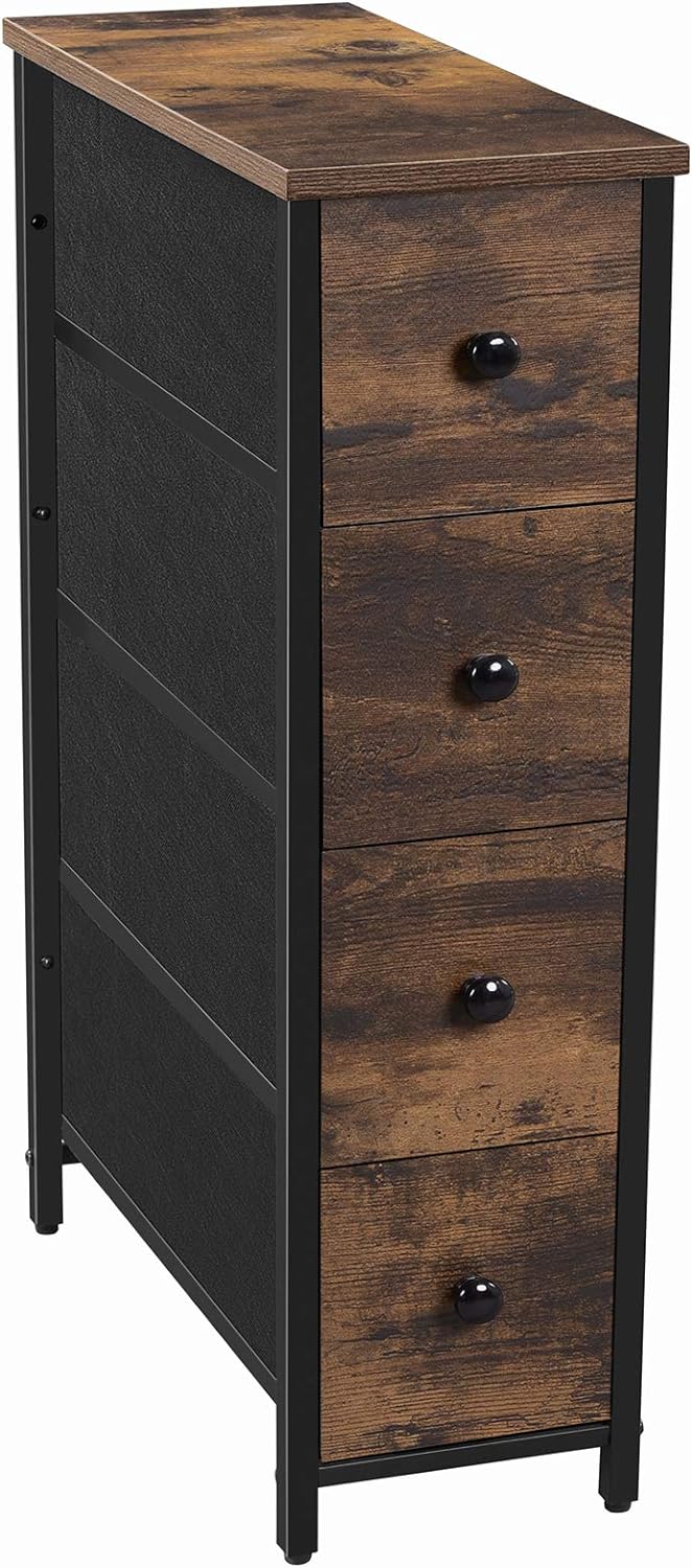 SONGMICS Narrow Dresser, Vertical Storage Unit with 4 Fabric Drawers, for Small Spaces and Gaps, Metal Frame, Slim Storage Tower, for Living Room, Laundry, Closet, Rustic Brown and Black ULGS041B01