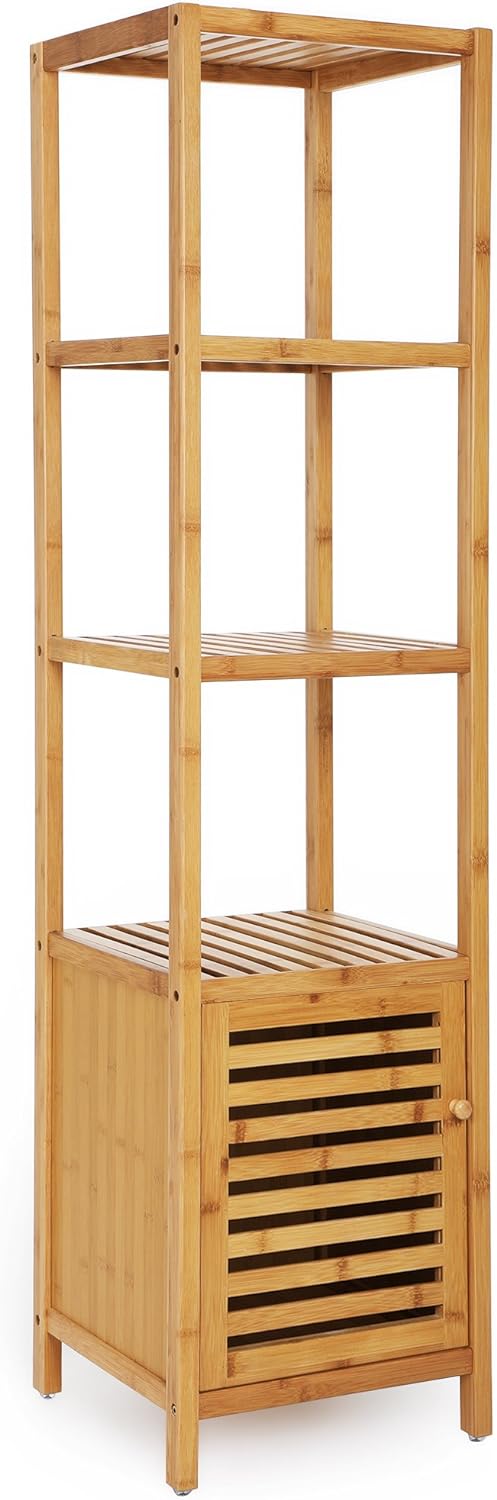 SONGMICS Bamboo Bathroom Storage Floor Cabinet, 4 Tiers Multifunctional Floor Shelving Unit, Free Standing Tower Corner Rack, Natural UBCB50Y