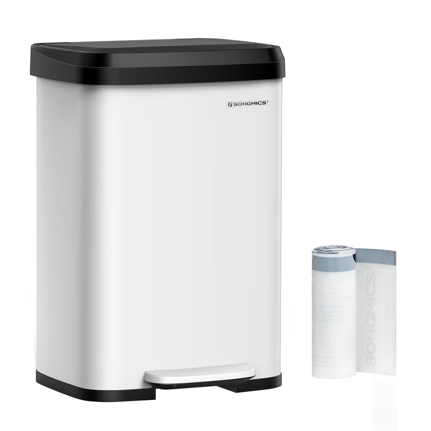 SONGMICS Kitchen Trash Can, 13-Gallon Stainless Steel Garbage Can, with Stay-Open Lid and Step-on Pedal, Soft Closure, Tall, Large and Space-Saving, White and Black ULTB530W50