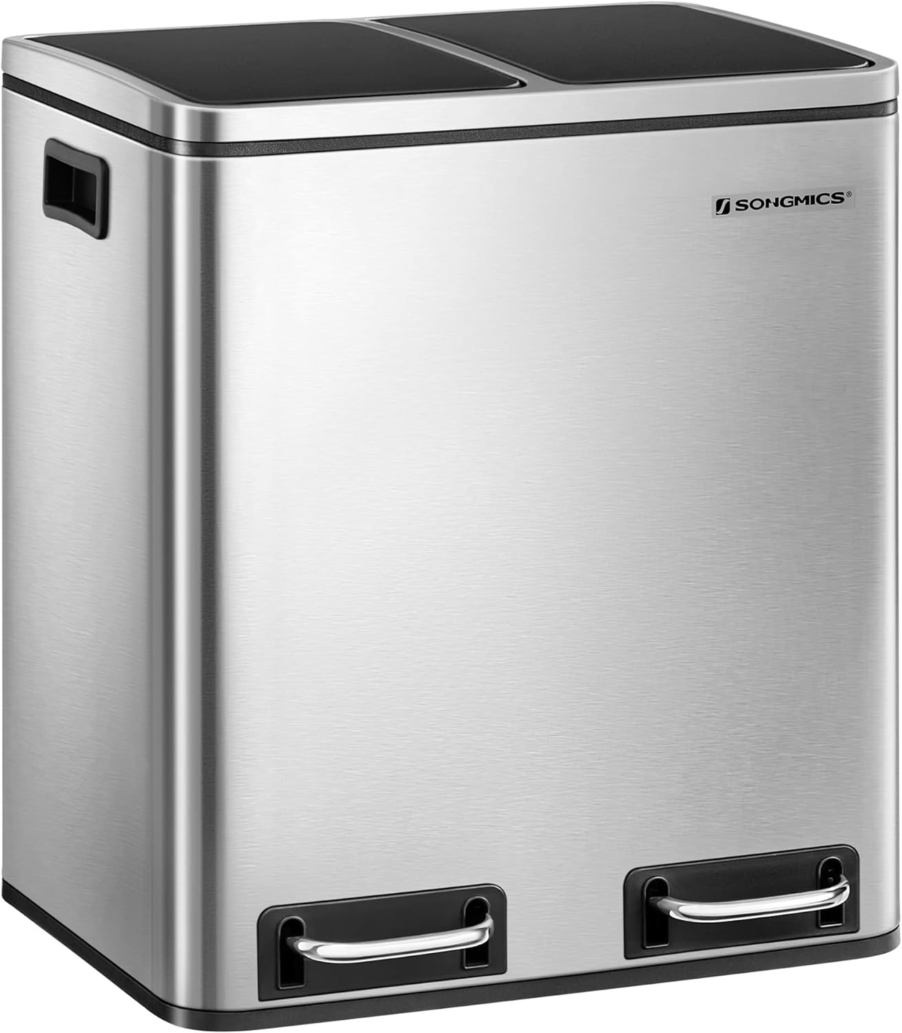 SONGMICS Dual Trash Can, 2 x 4 Gal (2 x 15L) Garbage Can, Steel Pedal Recycle Bin with Lid and Inner Buckets, for Small Kitchens, Fingerprint-Proof, Soft Closure, Airtight, Silver ULTB30H