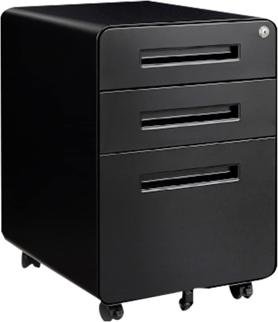 FLEXISPOT Metal File Cabinet for Home Office Mobile File Cabinet with Lock 3 Drawer Filing Cabinets for Legal/Letter/A4 File, Round Corner Design,Black