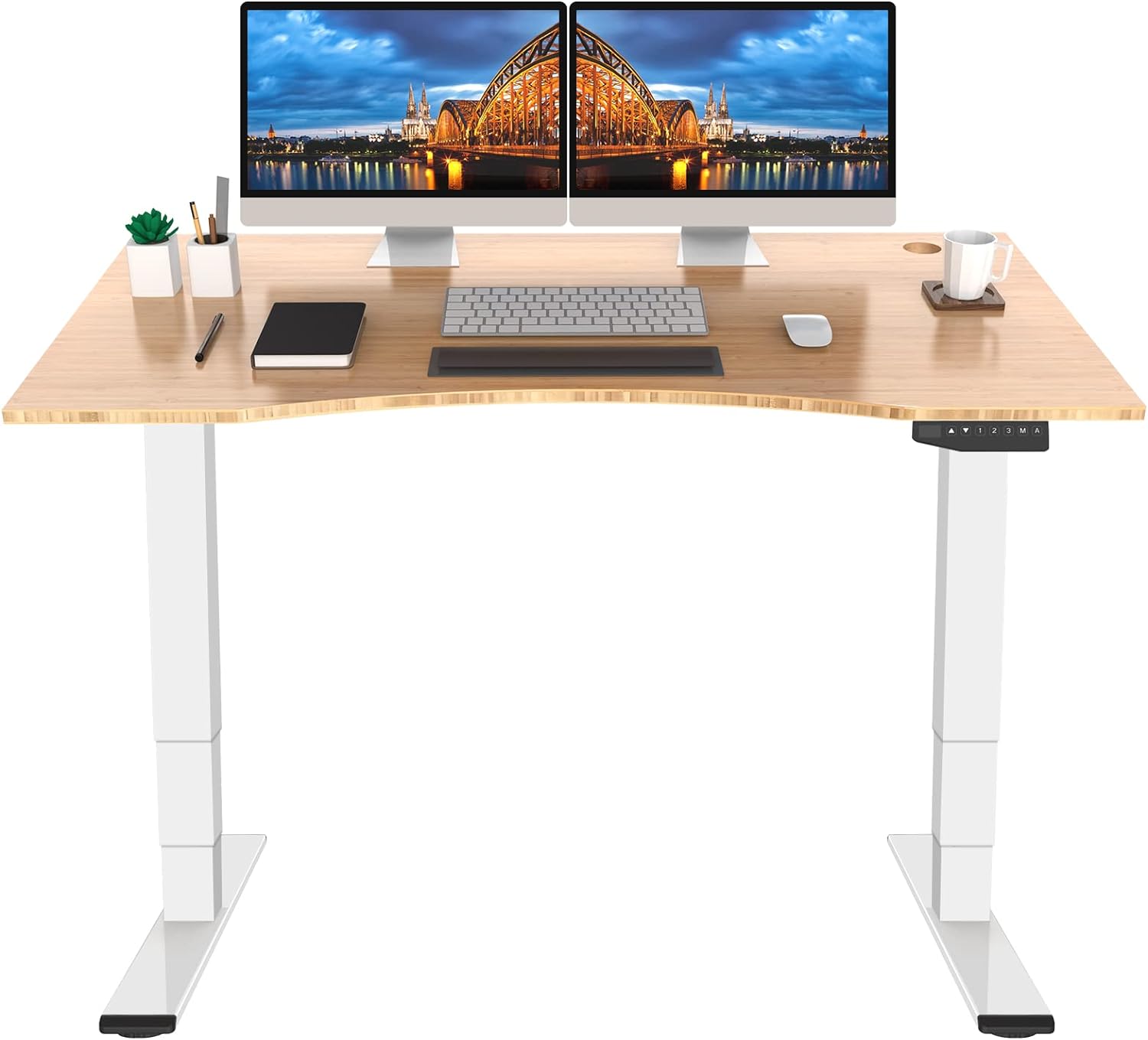 FLEXISPOT Pro Bamboo 3 Stages Dual Motor Electric Standing Desk 55x28 Inch Bamboo Contour Whole-Piece Board Height Adjustable Desk Electric Stand Up Desk (White Frame   Bamboo Curved Desktop)