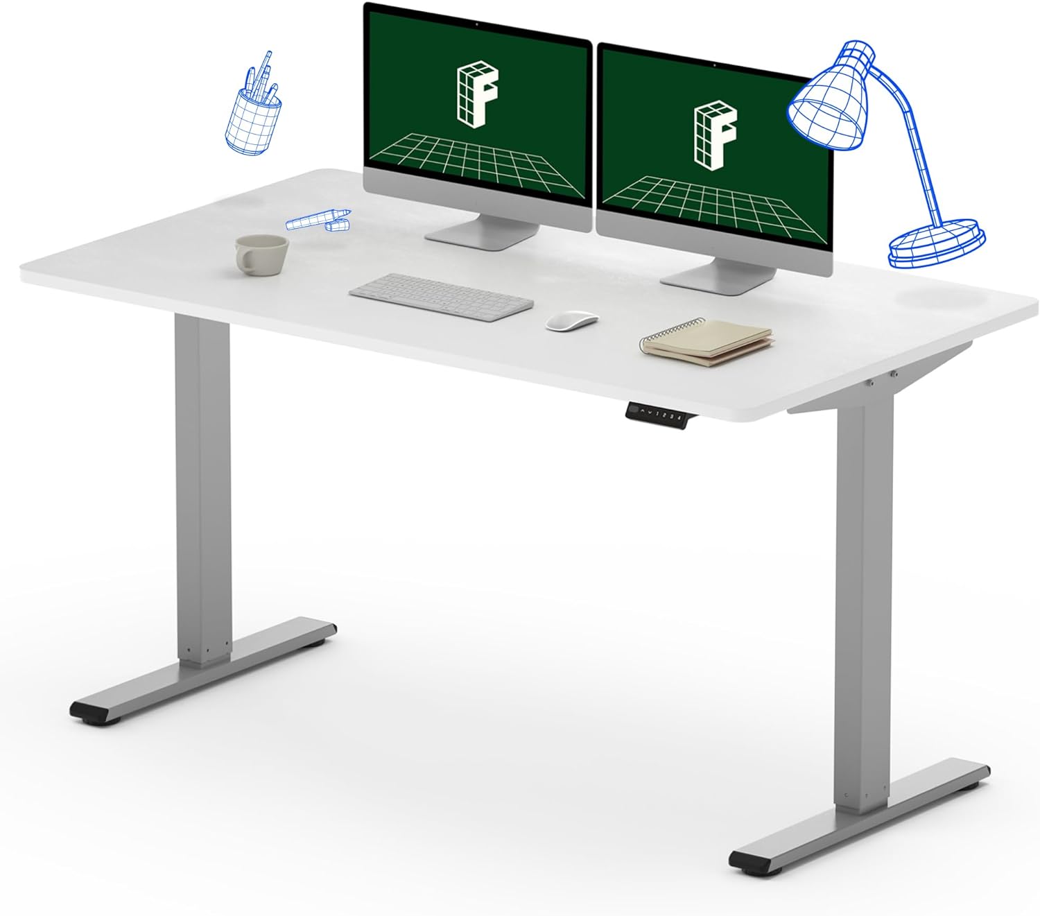 FLEXISPOT EN1 Electric Height Adjustable Desk 55 x 28 Inches Whole-Piece Desktop Standing Desk Home Office Sit Stand Up Desk (Gray Frame   55 White Top, 2 Packages)