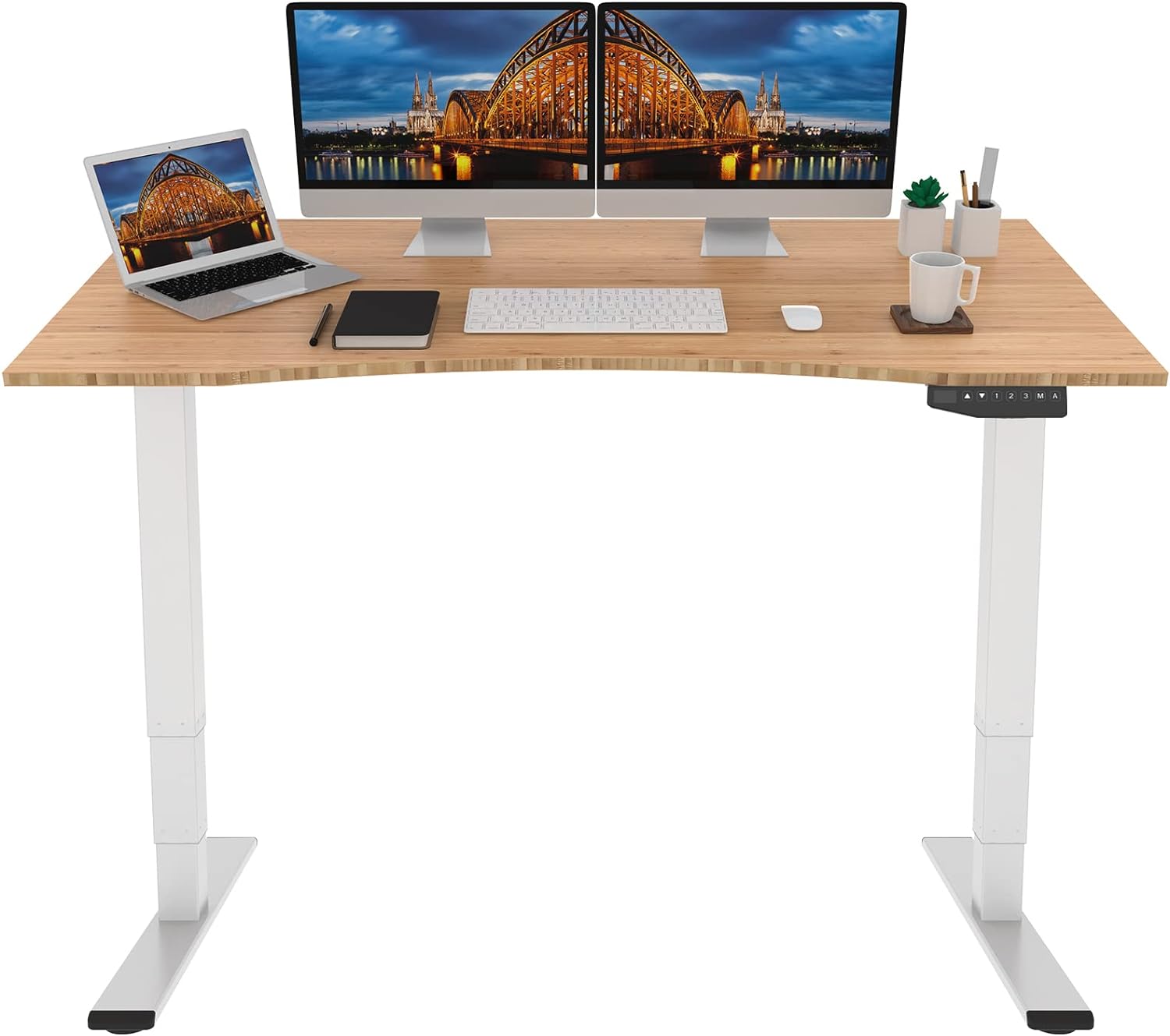 FLEXISPOT Pro Bamboo 3 Stages Dual Motor 60x30 Inch Electric Standing Desk Bamboo Contour Whole-Piece Board Height Adjustable Desk Electric Stand Up Desk (White Frame   Bamboo Curved Desktop)