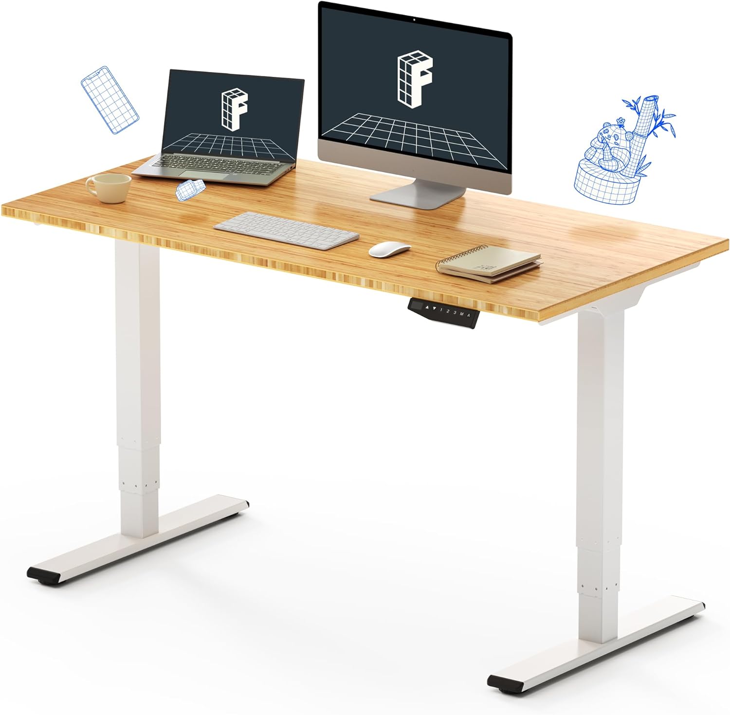 FLEXISPOT Pro Bamboo 3 Stages Dual Motor Electric Standing Desk 48x24 Inches Whole-Piece Desk Board Height Adjustable Desk Electric Stand Up Desk Sit Stand Desk(White Frame   Bamboo Desktop)