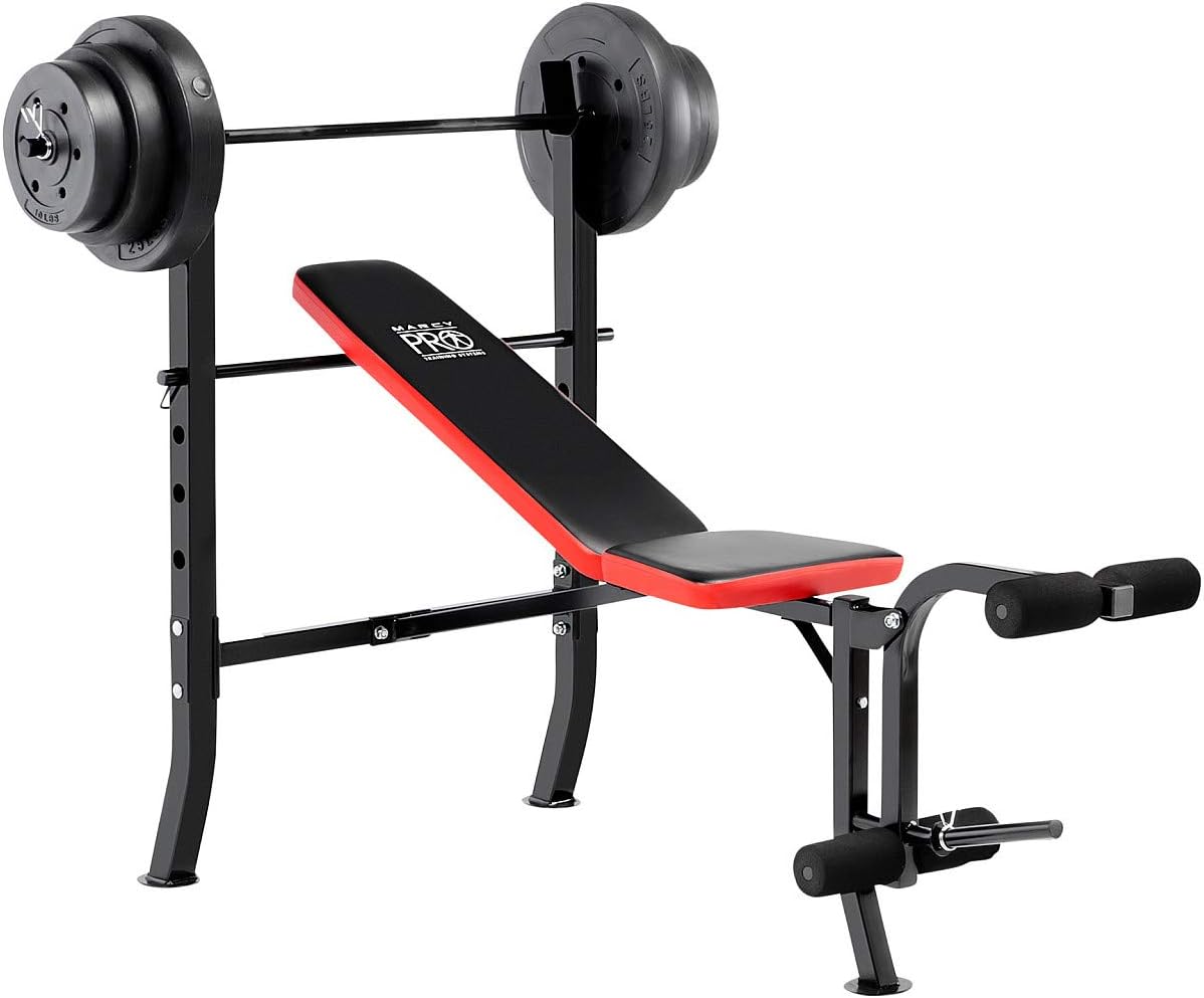 Marcy Pro Standard Weight Bench with 100 lbs Vinyl-Coated Weight Set PM-2084, Flat