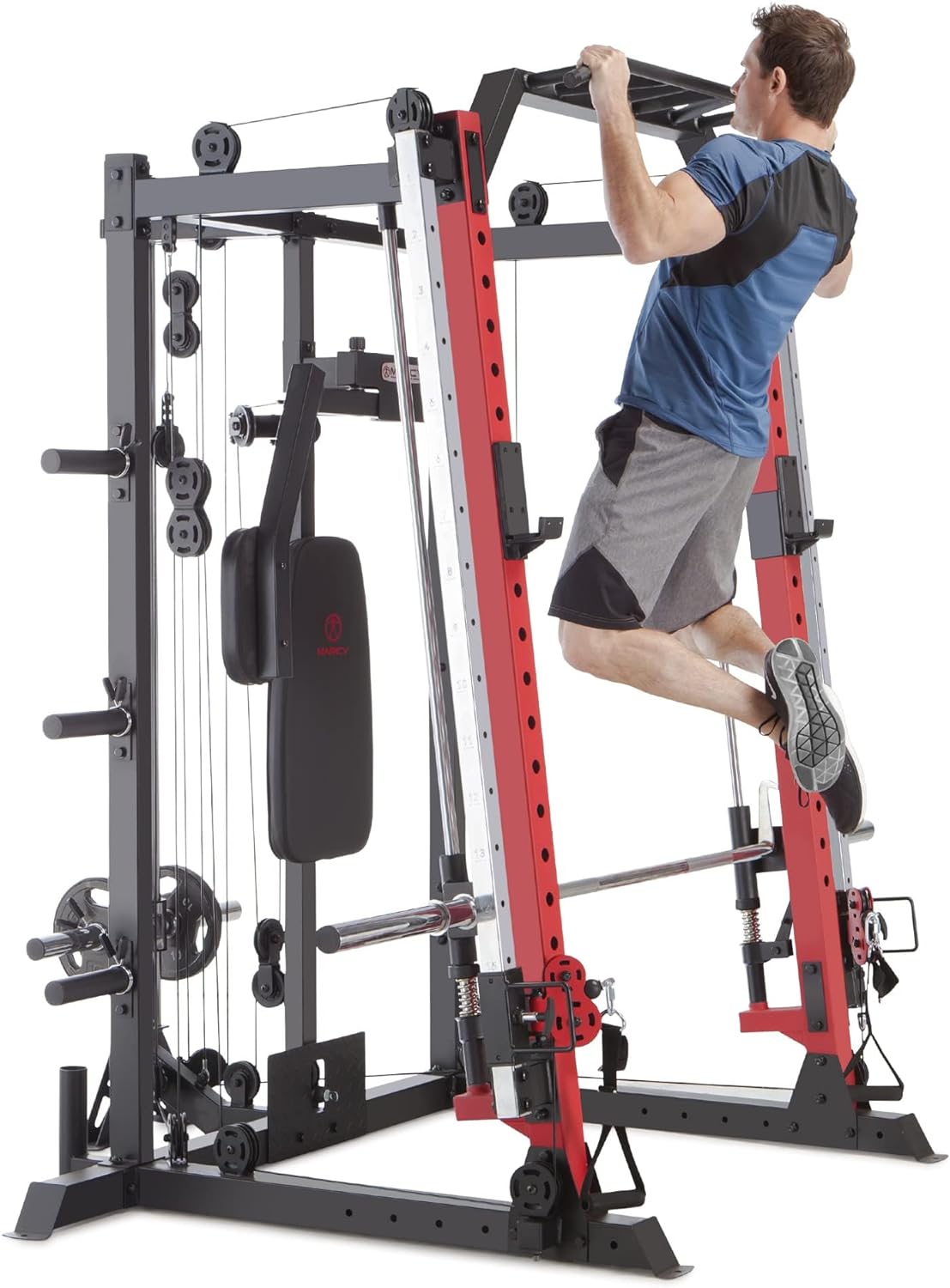 Marcy Smith Machine Cage System Home Gym Multifunction Rack, Customizable Training Station SM-4033, Red