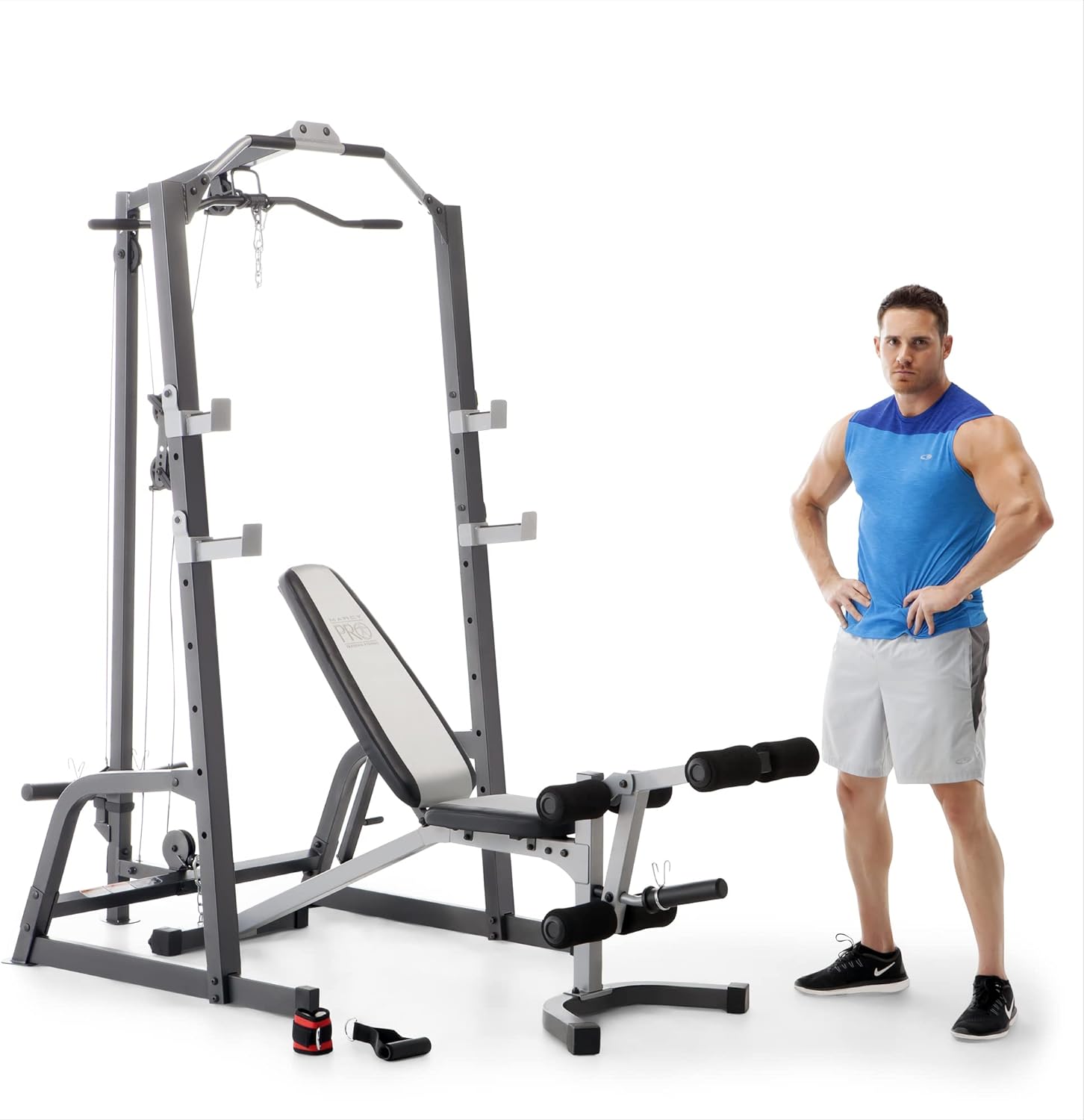 Marcy Pro Deluxe Cage System with Weightlifting Bench All-in-One Home Gym Equipment PM-5108,Black/Silver