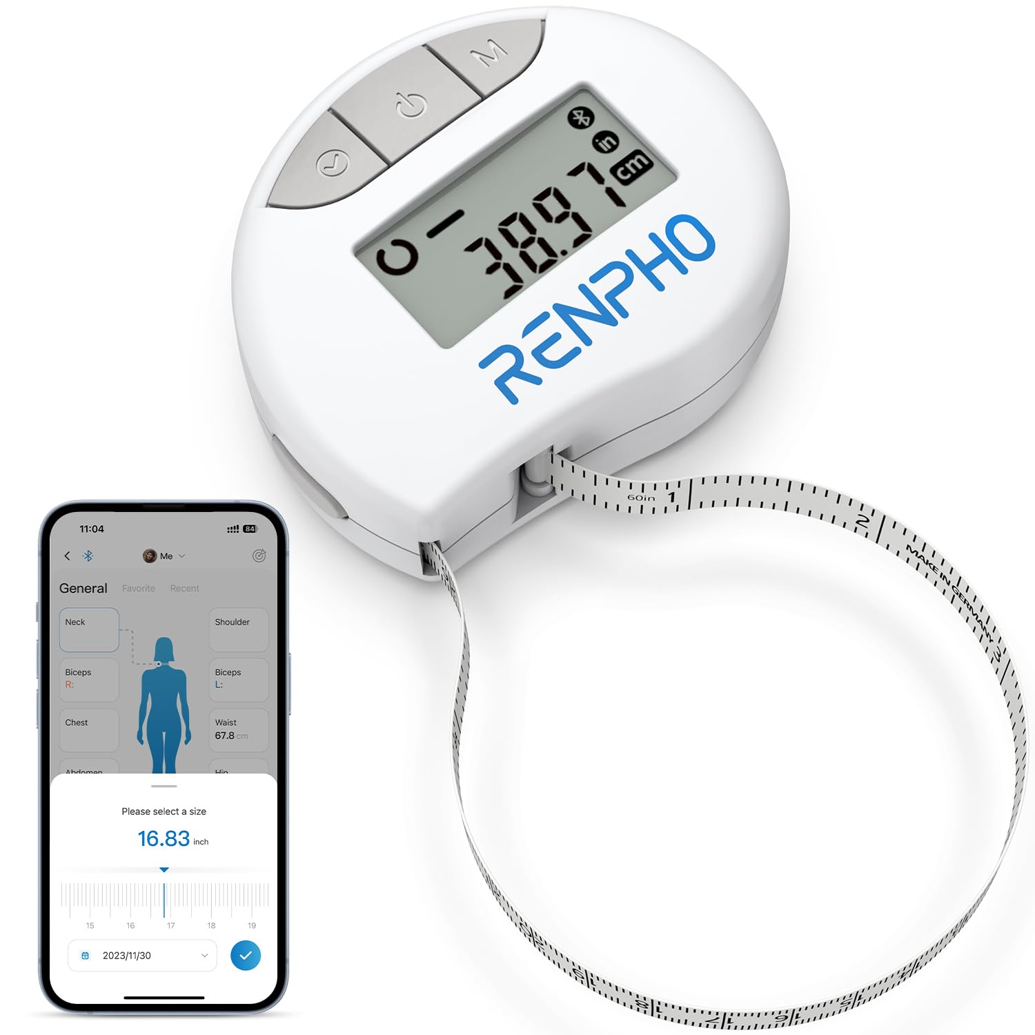 RENPHO Smart Tape Measure Body with App, Bluetooth Measuring Tapes for Body, Weight Loss, Muscle Gain, Fitness Bodybuilding, Retractable, Measures Body Part Circumferences, Inches & cm