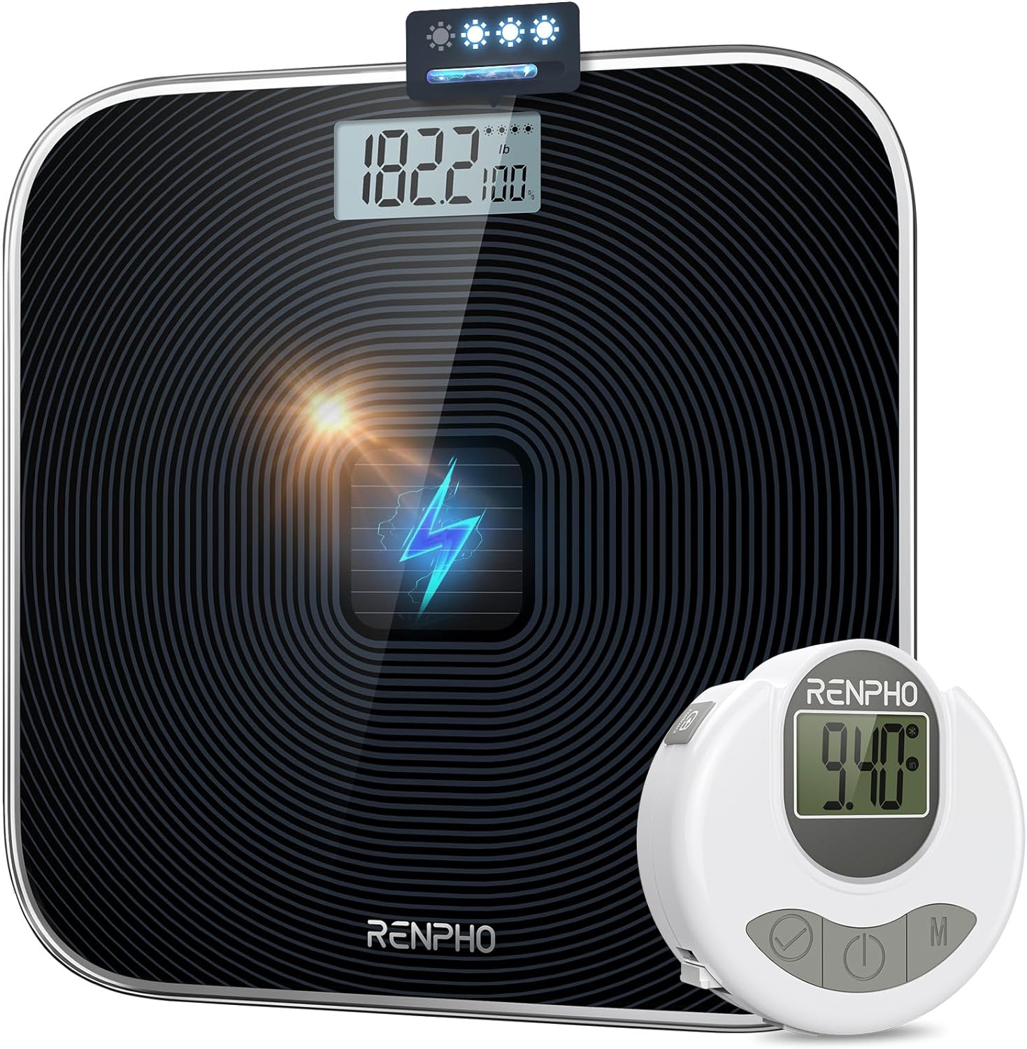 RENPHO Solar-Powered Digital Scale & Smart Body Tape, Solar Power Digital Bathroom Scale, Charged with Sunlight, Indoor Lights, 400lbs, Accurate Measurement Tape for Weight Loss, Muscle Gain, Fitness