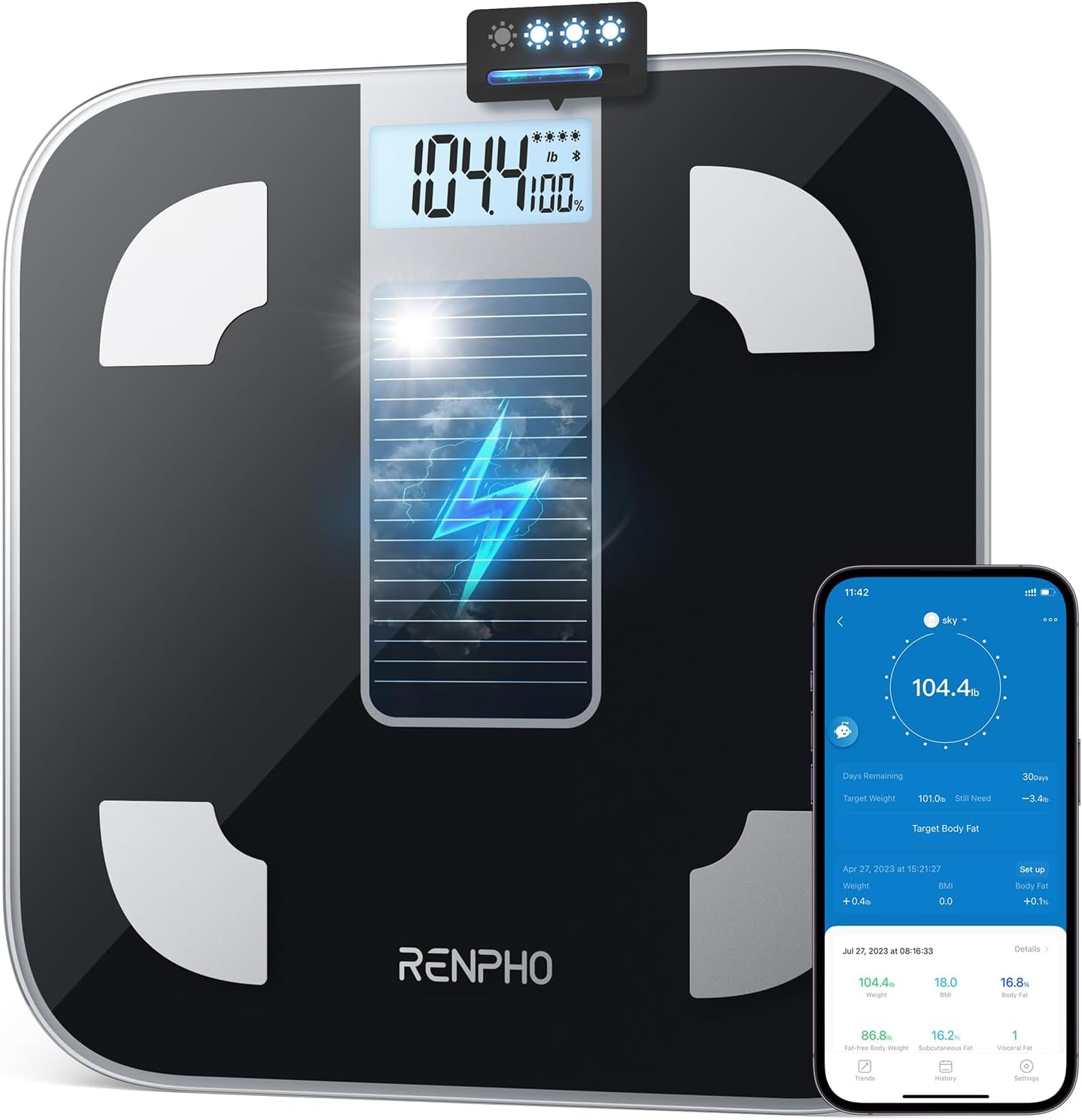 RENPHO Scale for Body Weight and Fat Percentage, No Battery Replacement Solar Power Digital Bathroom Smart Scale Bluetooth Body Fat Scale, Body Composition Monitor with App 400lbs-Elis