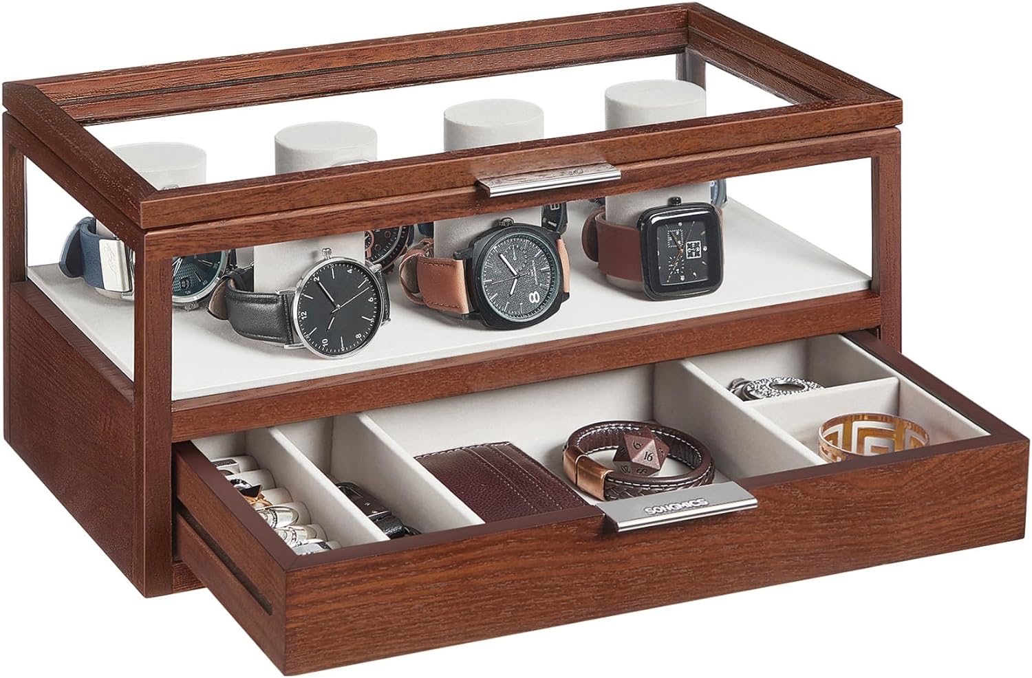 SONGMICS 2-Tier Wooden Watch Case, Watch Display Box, Watch Holder with 7 Pillars, Drawer, Acrylic, Solid Wood Top and Veneer, Velvet Lining, Gift for Loved Ones, Coffee Brown UJOW007K01