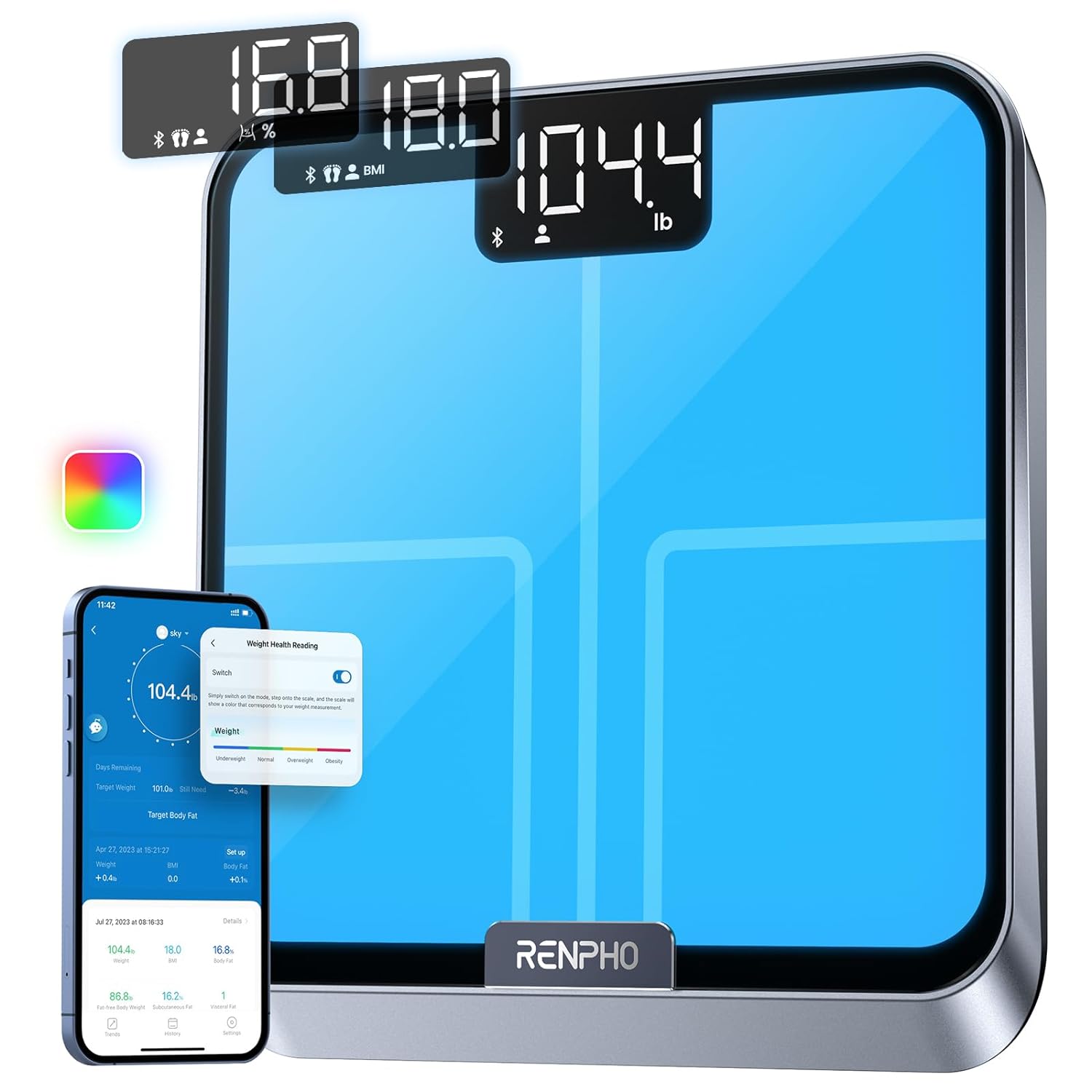 RENPHO Smart Scale for Body Weight, Scale with Lights to Remind Weighing, Body Fat Scale, Smart Bluetooth App to Customize Scale Colors, Rechargeable Scale, ITO Coating, 13 Health Monitor, Elis Chroma