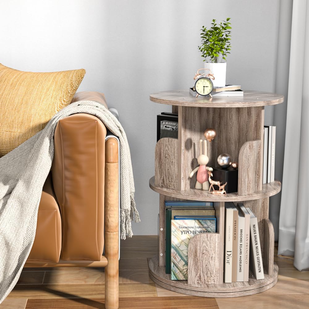 Nidouillet Small Rotating Bookshelf, 2 Tier Revolving Bookcase 360 Display Round Bookshelf Narrow Swivel Corner Book Shelf Standing Bookcase Adult Bedroom