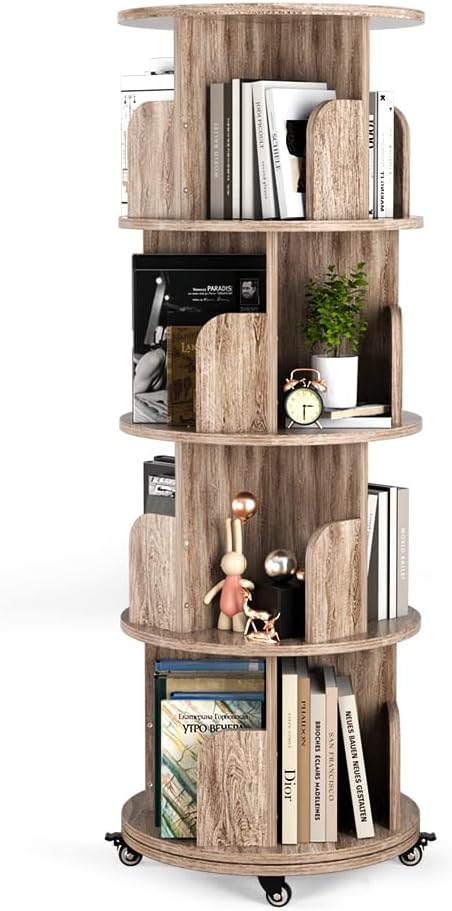 Nidouillet Rotating Bookshelf, 4 Tier Revolving Bookcase with Brake Wheels 360 Display Round Bookshelf Narrow Swivel Corner Book Shelf Standing Bookcase Adult Bedroom, Living Room - Oak Grey