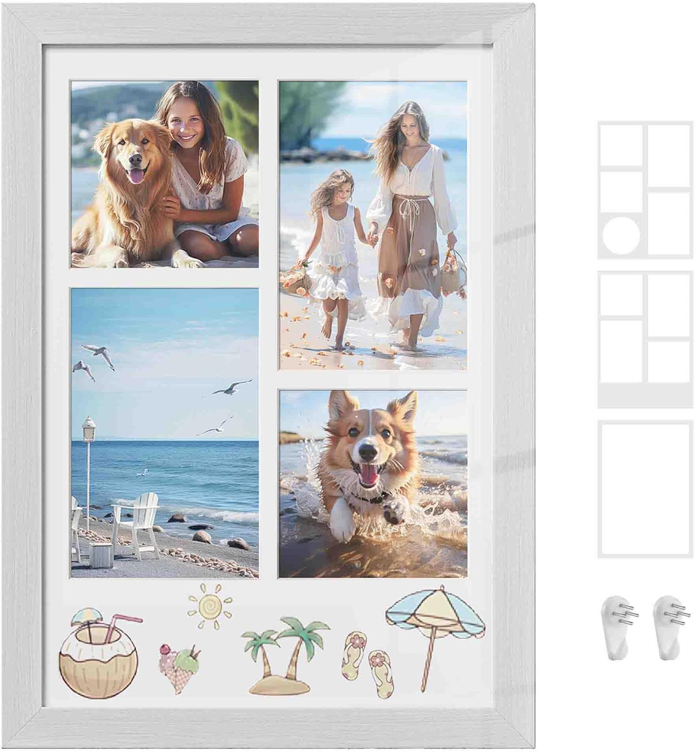 SONGMICS A4 Picture Frame Collage for Wall Decor, 4x6 Multi Photo Frame for Desk, 8x10, 8x12 or 4x4 Photos with 3 Mats, 9x12 Without Mat, Glass Front, 2 Non-Trace Nails, Rustic White