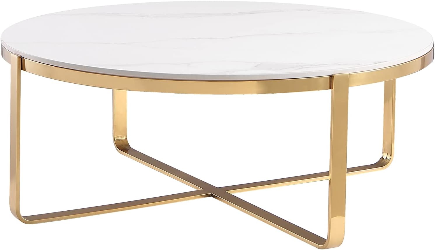 Acanva Round Coffee Table for Living Room, Modern Design with High Gloss White Marble Pattern Sintered Stone Tabletop and Gold X Metal Frame for Accent Side and Sofa Center, 41.3' x 16.1