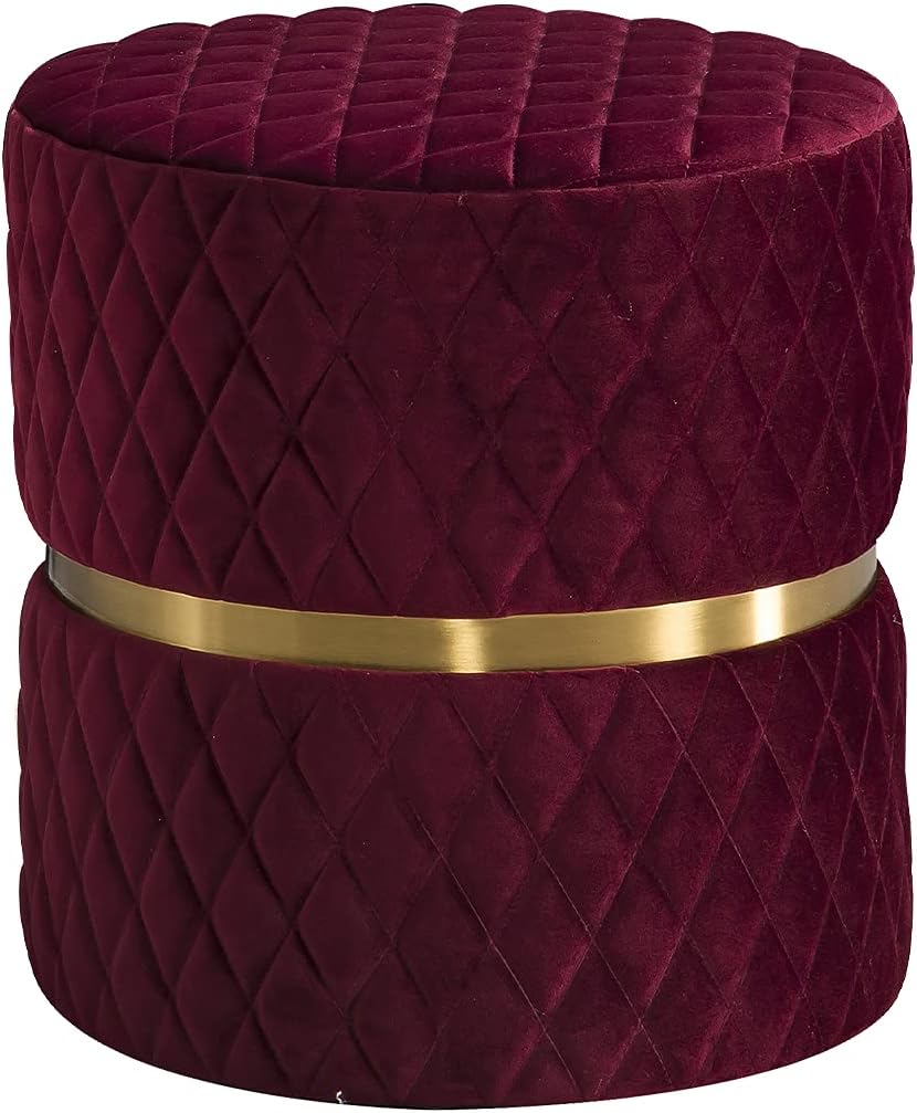 Acanva Modern Small Round Velvet Ottoman, Upholstered Make-up Foot Rest Stool Side Table Seat with Stainless Steel Band, Wine Red