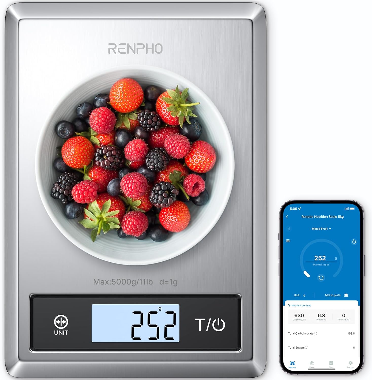 RENPHO Digital Food Scale, Kitchen Scale Weight Grams and oz for Baking, Cooking and Coffee with Nutritional Calculator for Keto, Macro, Calorie and Weight Loss with Smartphone App, Stainless Steel