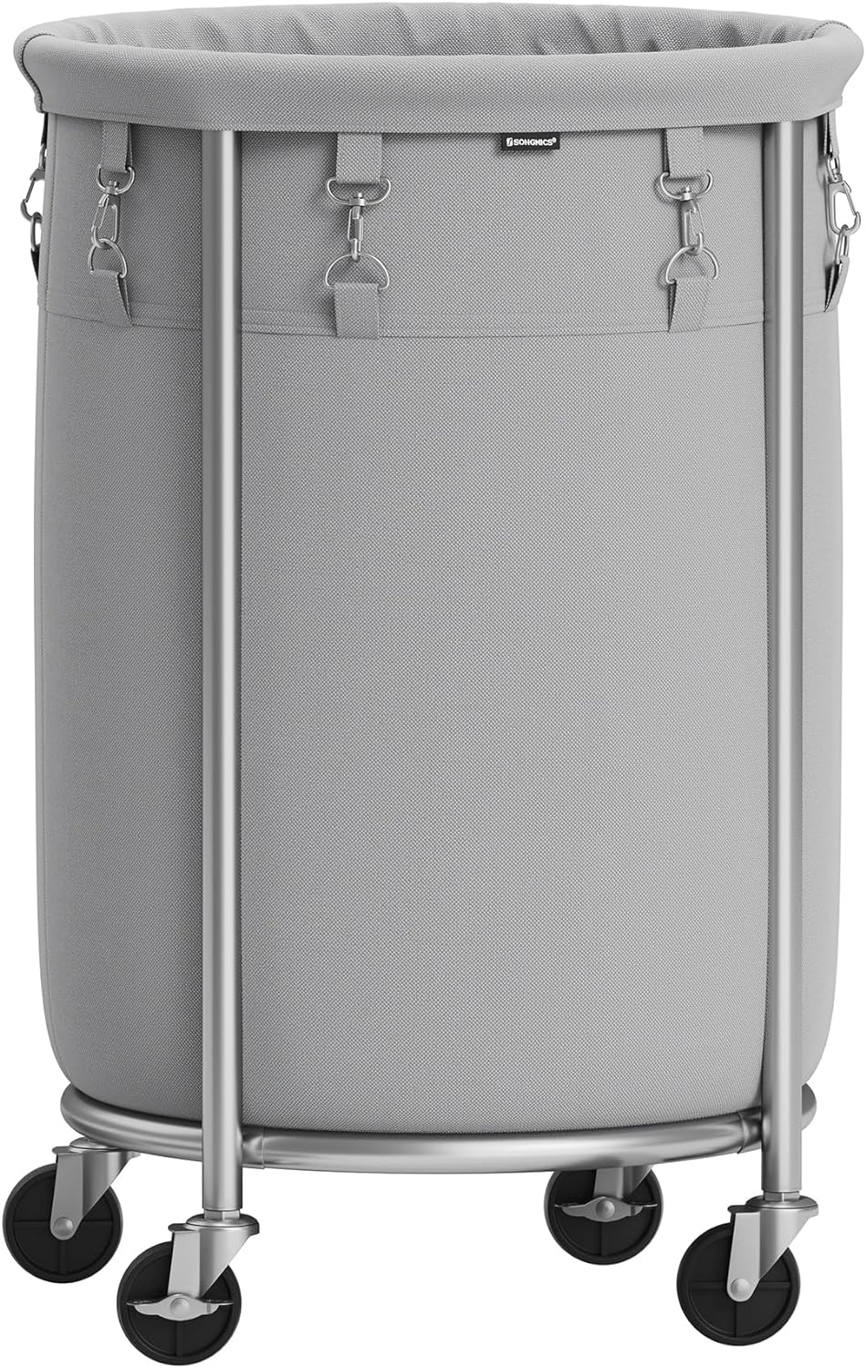 SONGMICS Laundry Basket with Wheels, Rolling Laundry Hamper, 18.5 Gal., Round Laundry Cart with Steel Frame and Removable Bag, 4 Casters and 2 Brakes, Gray and Silver URLS006G01