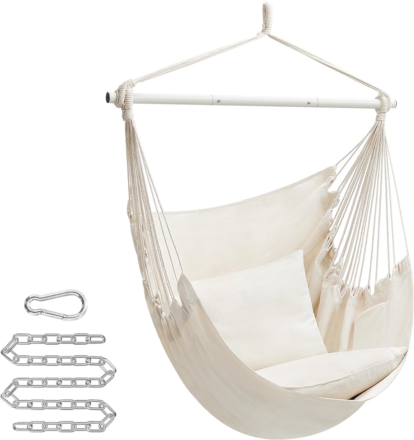 SONGMICS Hammock Chair, Large Swing Chair with 2 Cushions, Hanging Chair with Chain, Load Capacity 330 lb, for Indoor, Outdoor, Living Room, Bedroom, Cream White UGDC197M01