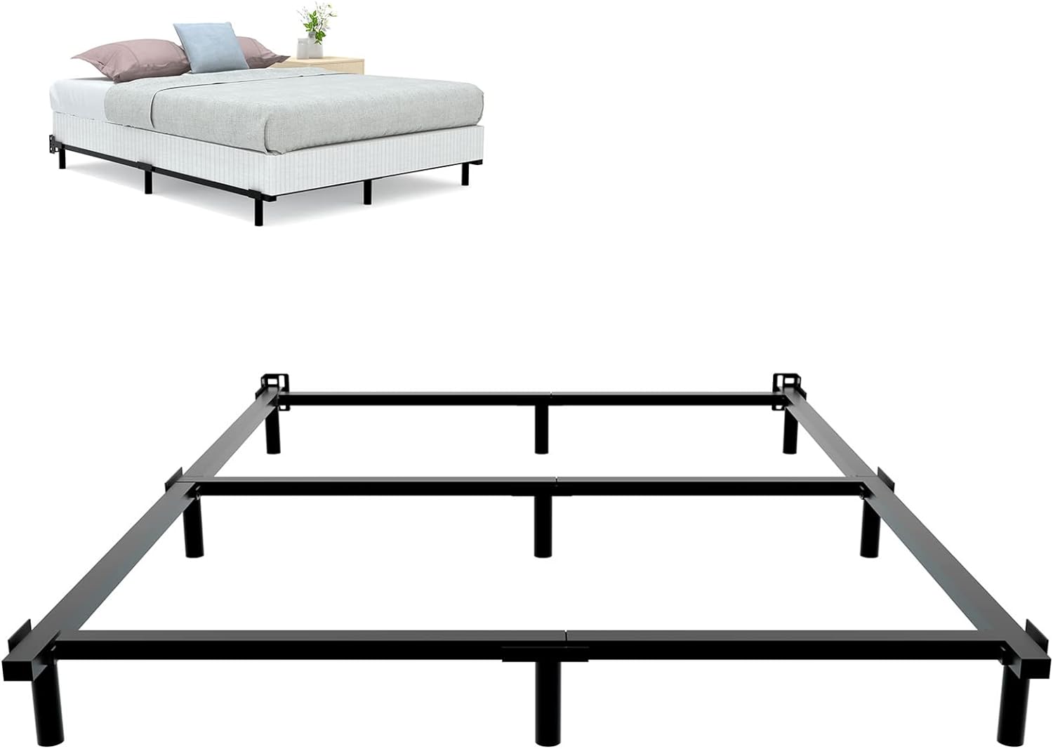 Queen Size Metal Bed Frame 7 Inch Bed Frame for Box Spring and Mattress 9-Leg Heavy Duty Bedframe Tool-Free Easy Assembly Sturdy Box Spring Base Black