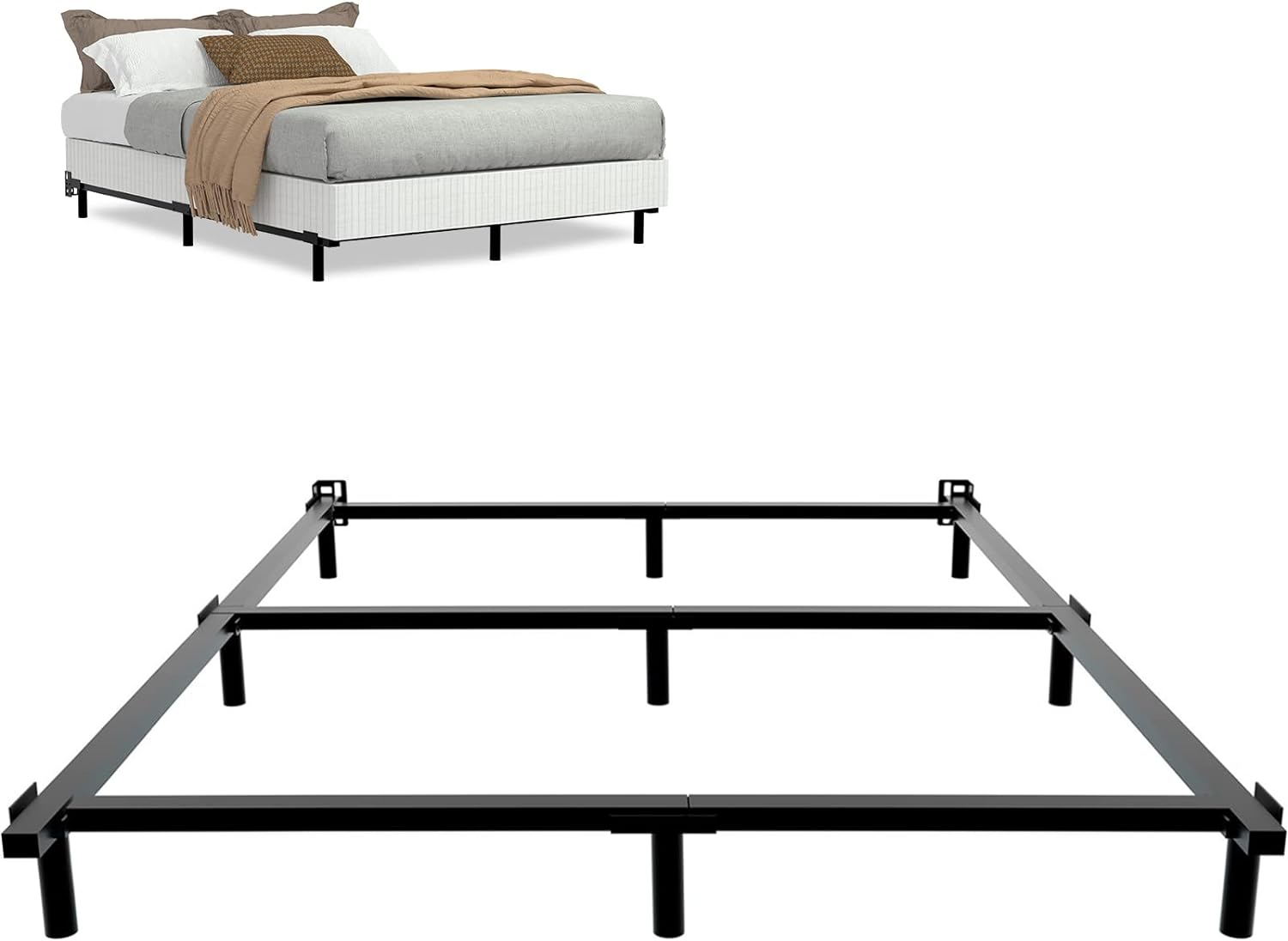 King Size Metal Bed Frame 7 Inch Bed Frame for Box Spring and Mattress 9-Leg Base Heavy Duty Bedframe Tool-Free Easy Assembly Box Spring Base Black