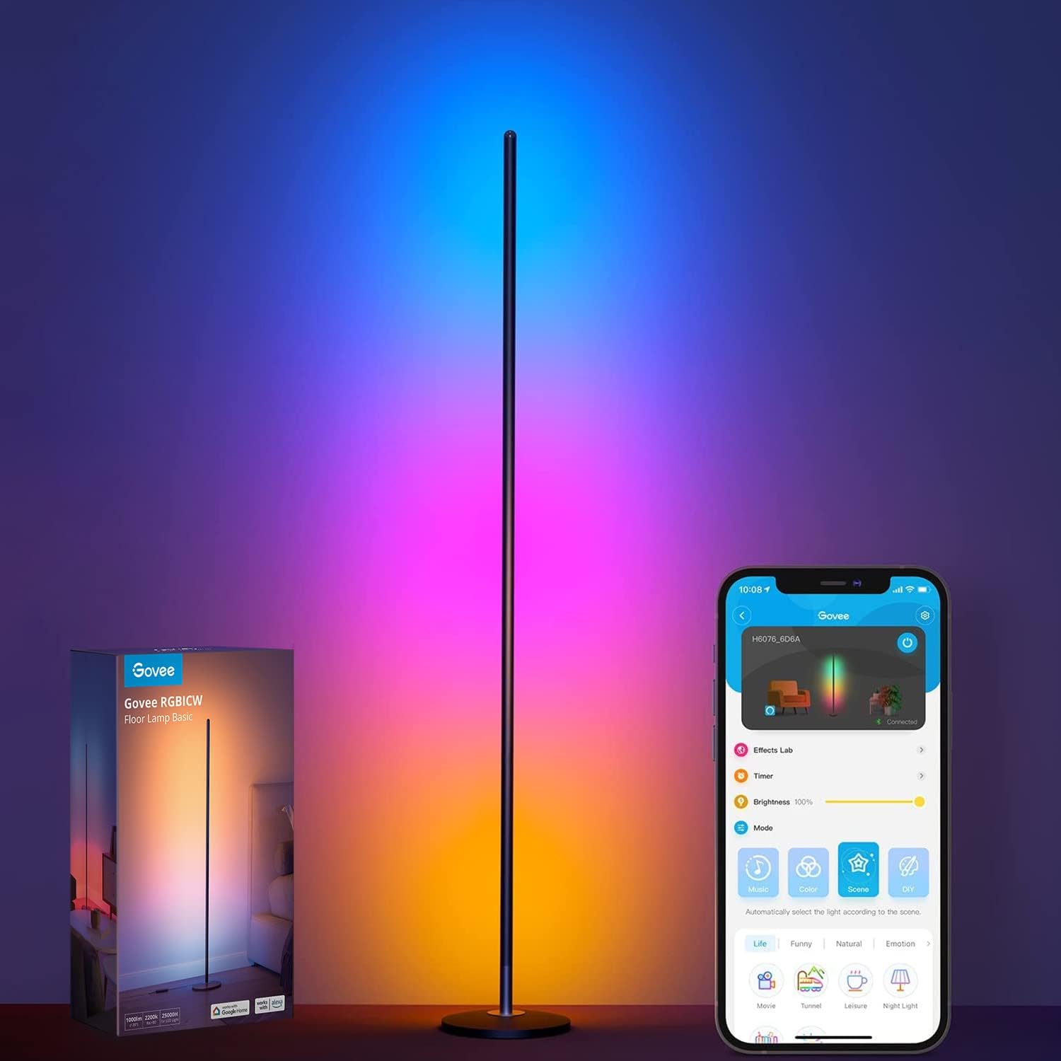 Govee RGBIC Floor Lamp, LED Corner Lamp Works with Alexa, Smart Modern Floor Lamp with Music Sync and 16 Million DIY Colors, Color Changing Standing Floor Lamp for Bedroom Living Room Black