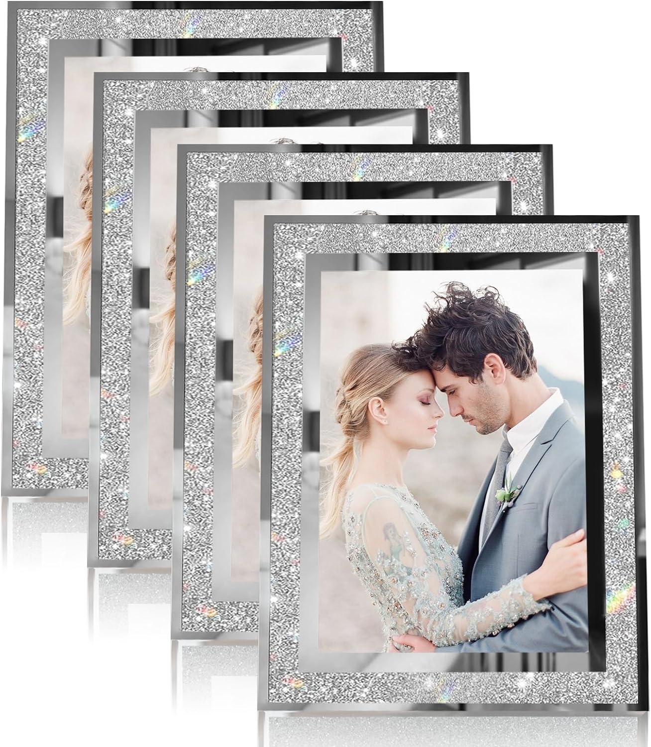 Egofine 5x7 Picture Frames Set of 4, Glass Picture Frames Silver Crystal Wedding Photo Frames for Tabletop Display Vertically or Horizontally