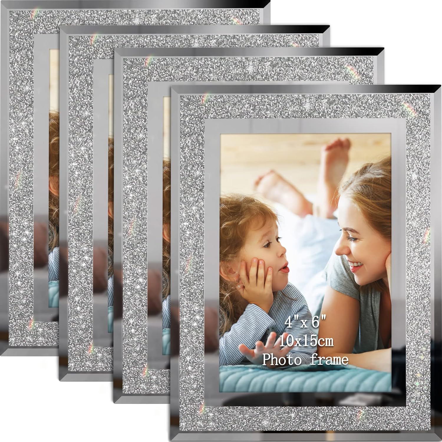 Calenzana 4x6 Glitter Picture Frames Set of 4, Sparkle Glass Photo Frame for Tabletop, Horizontal or Vertical Display