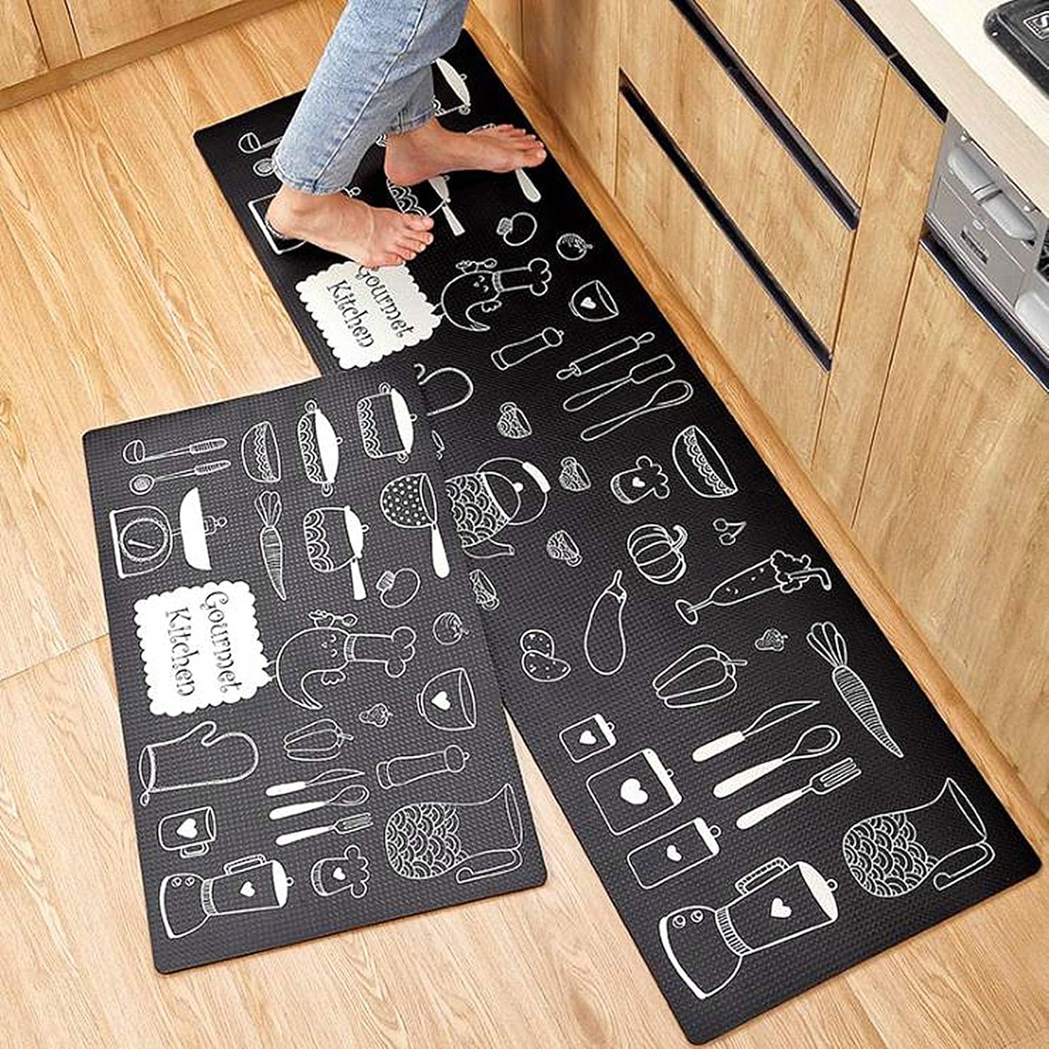 UKELER Anti Fatigue Kitchen Rug Set of 2 Non Slip Cushioned Kitchen Mat Heavy Duty Comfort Standing Mat Waterproof Thick Kitchen Runner, 17.7''x29.5'' 17.7''x59''