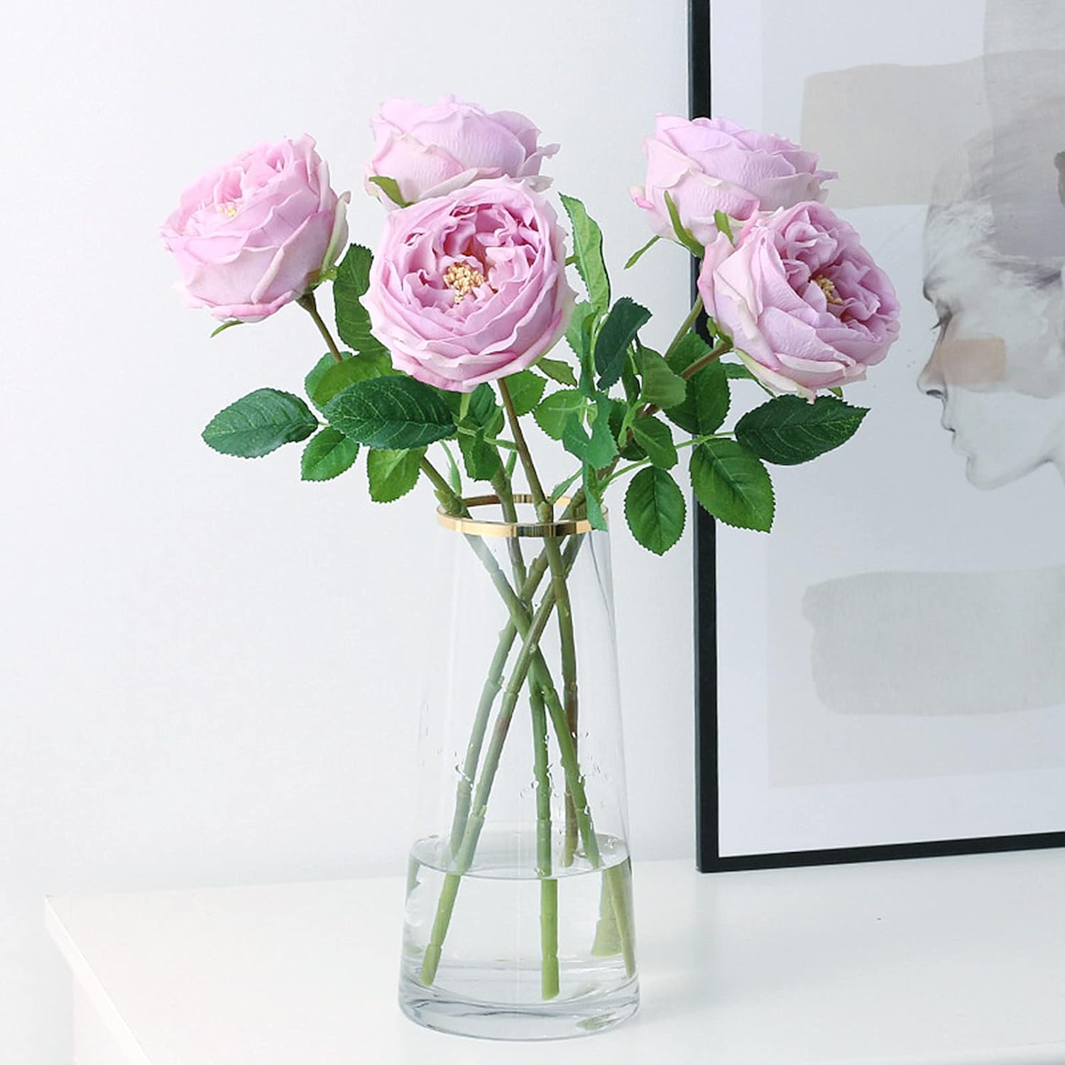 UKELER 4 Pcs Real Touch Artificial Flowers Austin Rose Peony with Stem for Home Decor Flower Arrangement Wedding Party Decoration, Light Purple