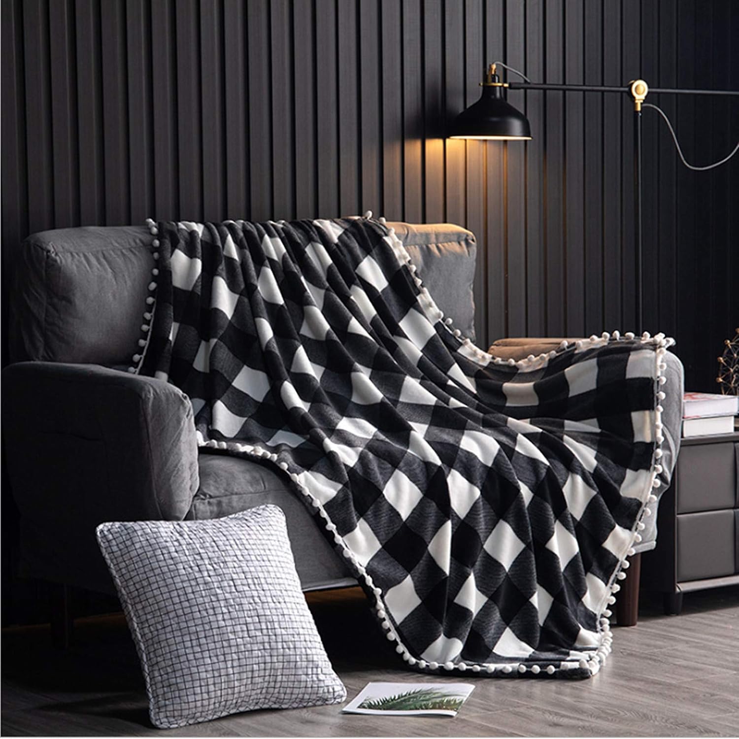 UKELER Buffalo Plaid Throw Blanket for Couch Black and White Flannel Bed Throws Soft Lightweight Microfiber Blanket with Pom, 50x60 Inches