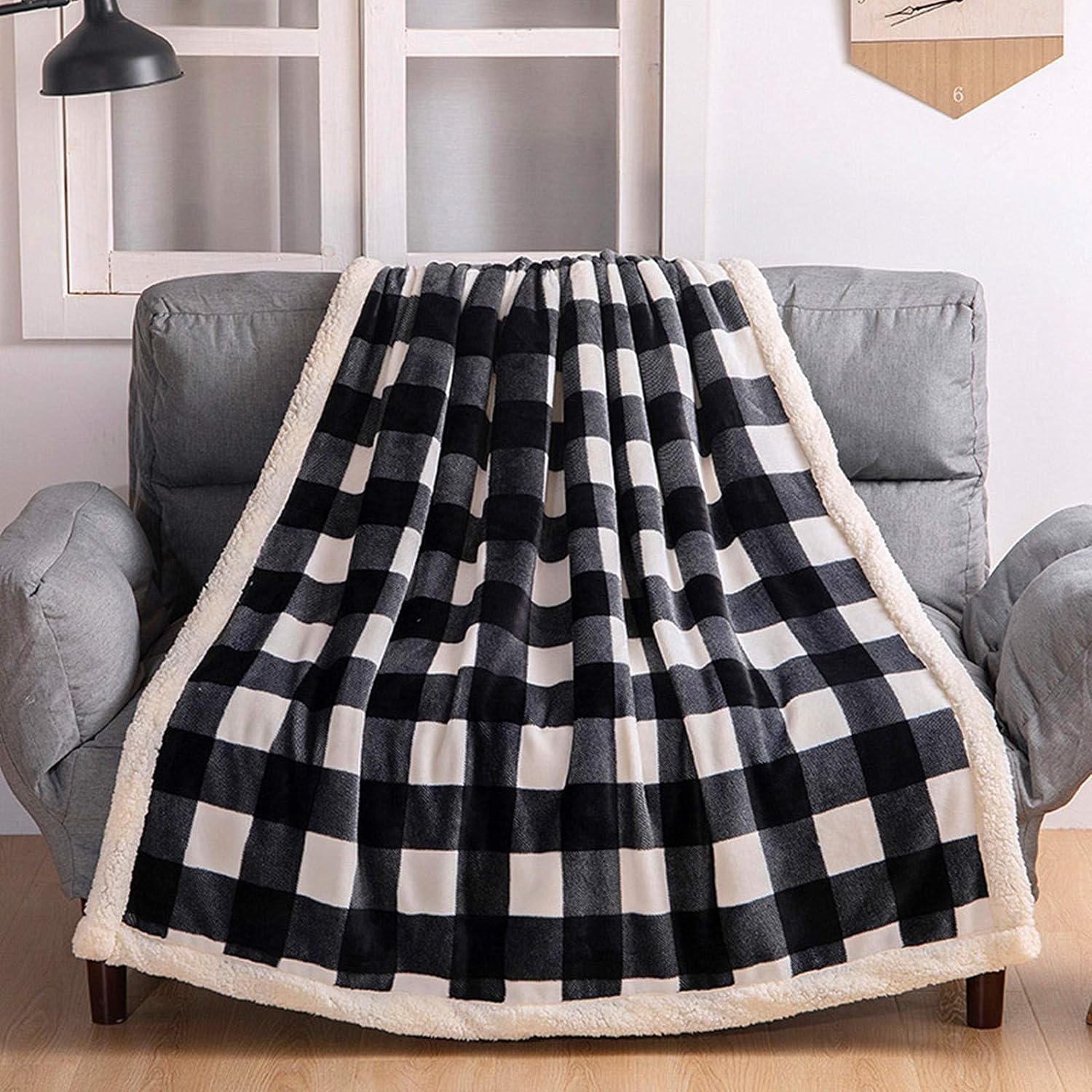 UKELER Buffalo Plaid Throw Blanket for Couch Black and White Fuzzy Soft Flannel Blanket, 50x60 Inches