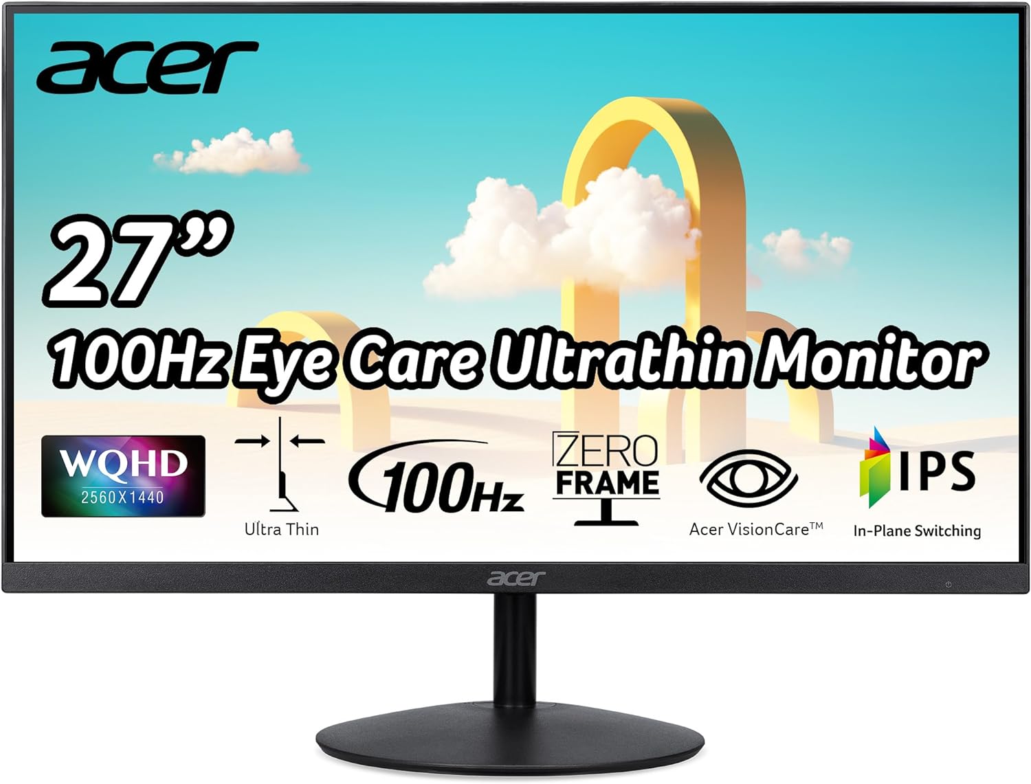 Acer SB272U Ebiip 27 WQHD 2560x1440 IPS Zero-Frame Gaming Office Monitor | AMD FreeSync Technology | Ultrathin Stylish Design | 100Hz | 1ms VRB | Low Blue Light | Display Port & 2 x HDMI 2.0 Ports