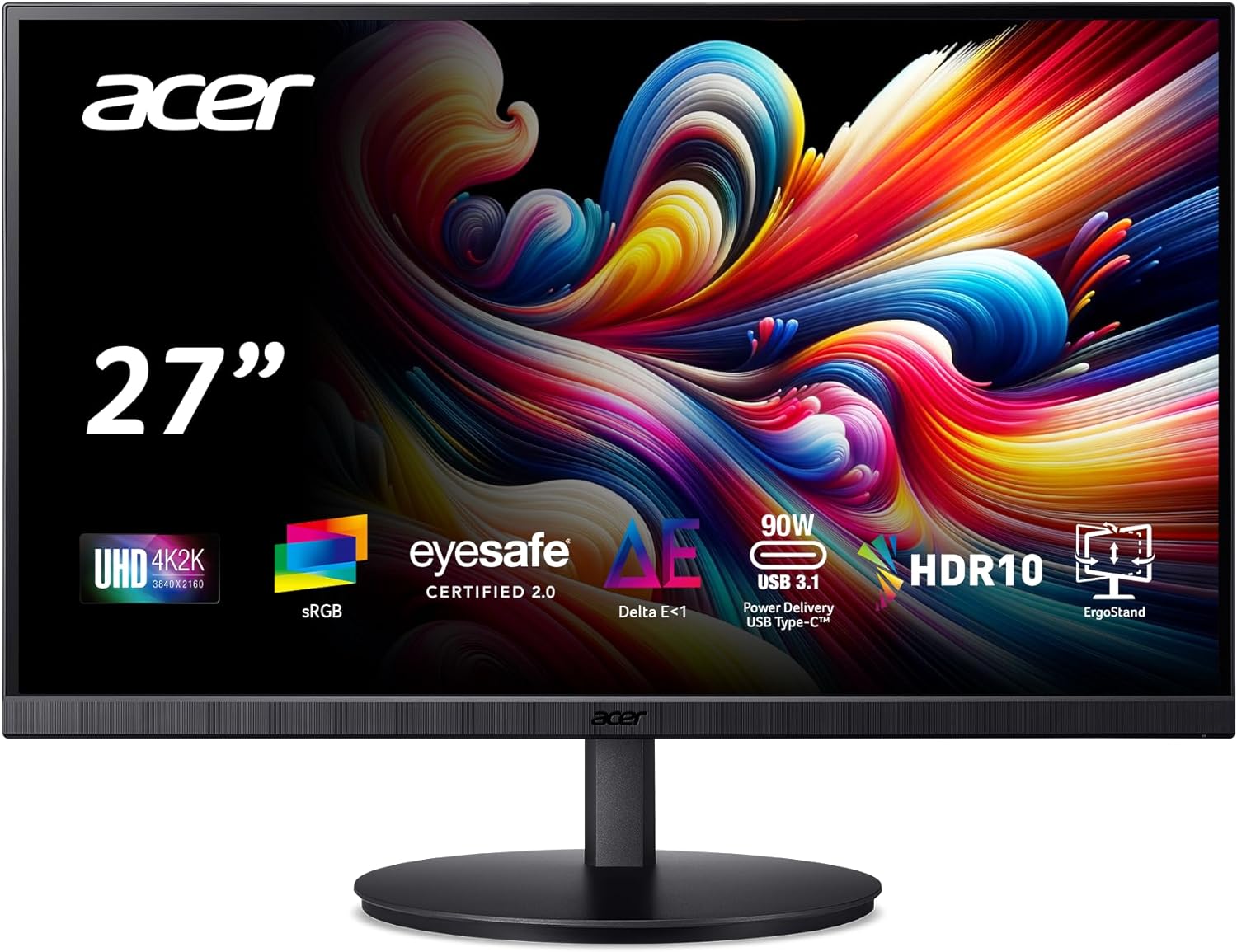 Acer CB272K 27 UHD 3840x2160 IPS Professional Computer Monitor for Creators 99% sRGB Color Accuracy Delta E<1 HDR10 Height Adjustable Stand - Tilt, Swivel, Pivot |USB Type-C, DP & HDMI Ports