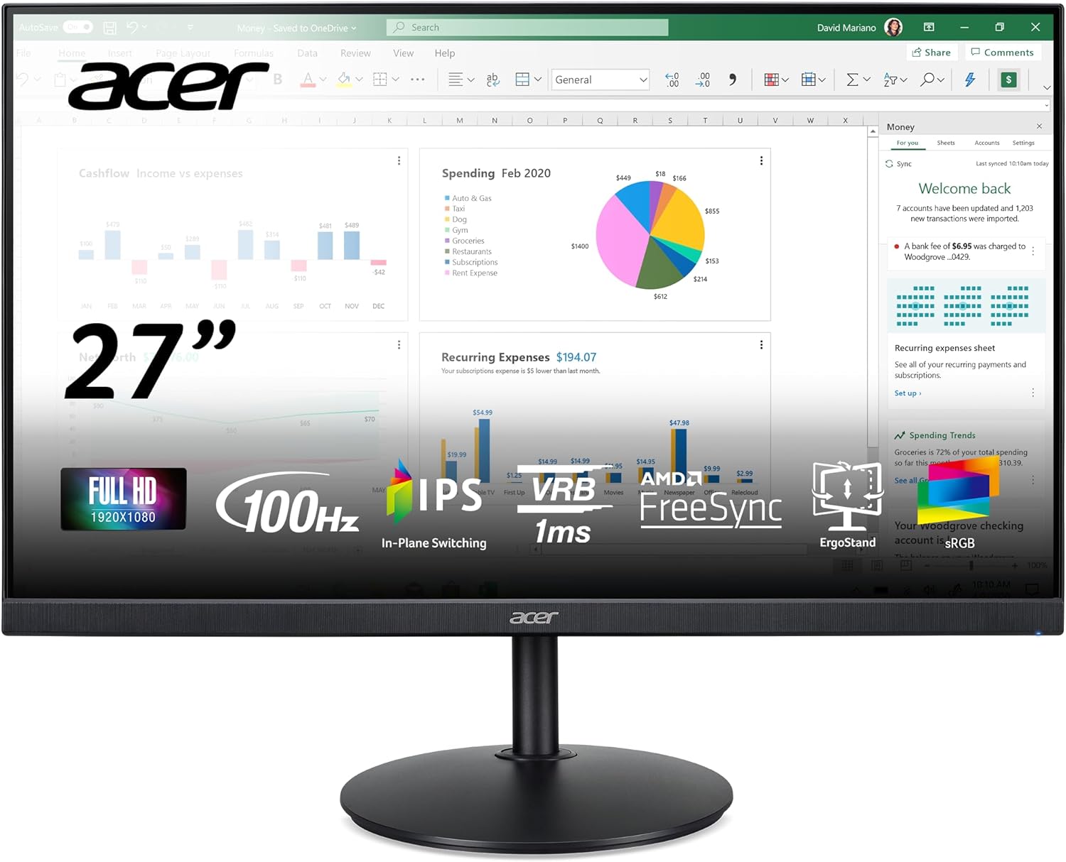 Acer CB272 Ebmiprx 27 FHD 1920 x 1080 Zero Frame Home Office Monitor | AMD FreeSync | 1ms VRB | 100Hz | 99% sRGB | Height Adjustable Stand with Swivel, Tilt & Pivot (Display Port, HDMI & VGA Ports)