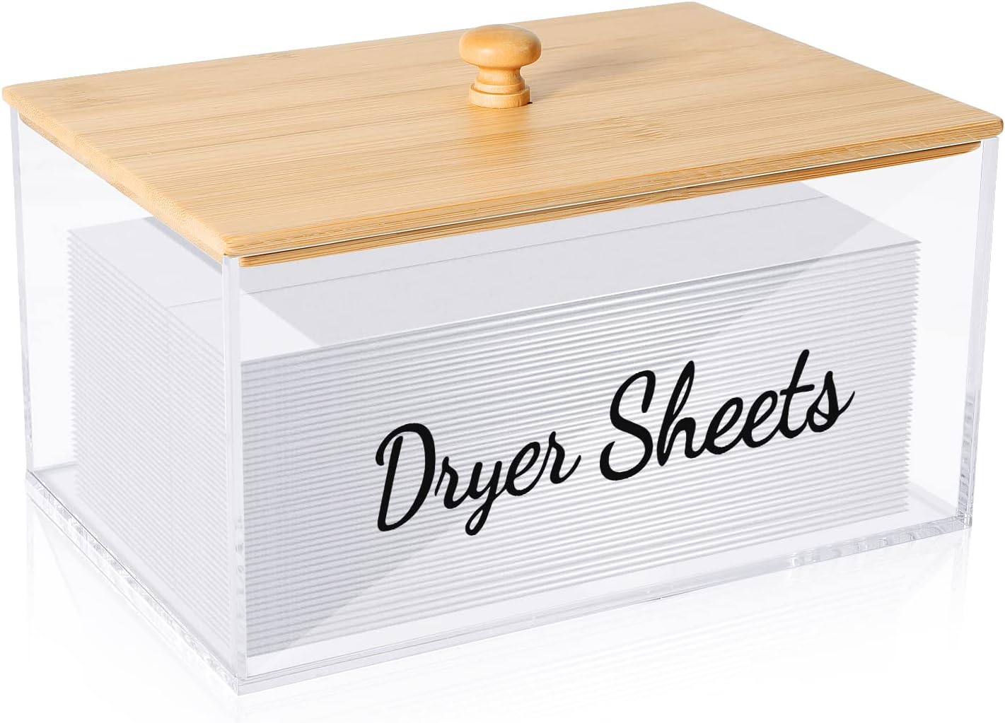 JYPS Acrylic Dryer Sheet Holder Container with Bamboo Lid for Laundry Room Decor Organization and Storage, Clean Dryer Sheet Detergent Pods Dispenser Box with Dryer Sheet Label