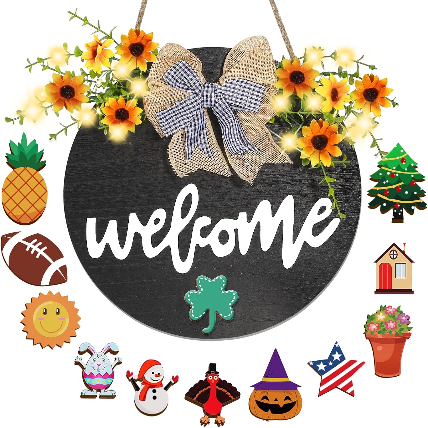 JYPS Interchangeable Welcome Sign with 10 LED Lights Welcome Door Sign Wreaths for Front Door Outside, Wooden Door Decor Hangers Welcome Home Sign for Farmhouse Home Front Porch Decoration