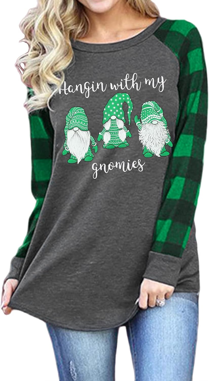 ALLTB Christmas Sweatshirts for Women Hanging with My Gnomes Shirts Xmas Gnome Graphic Tops Raglan Plaid Long Sleeve Shirt