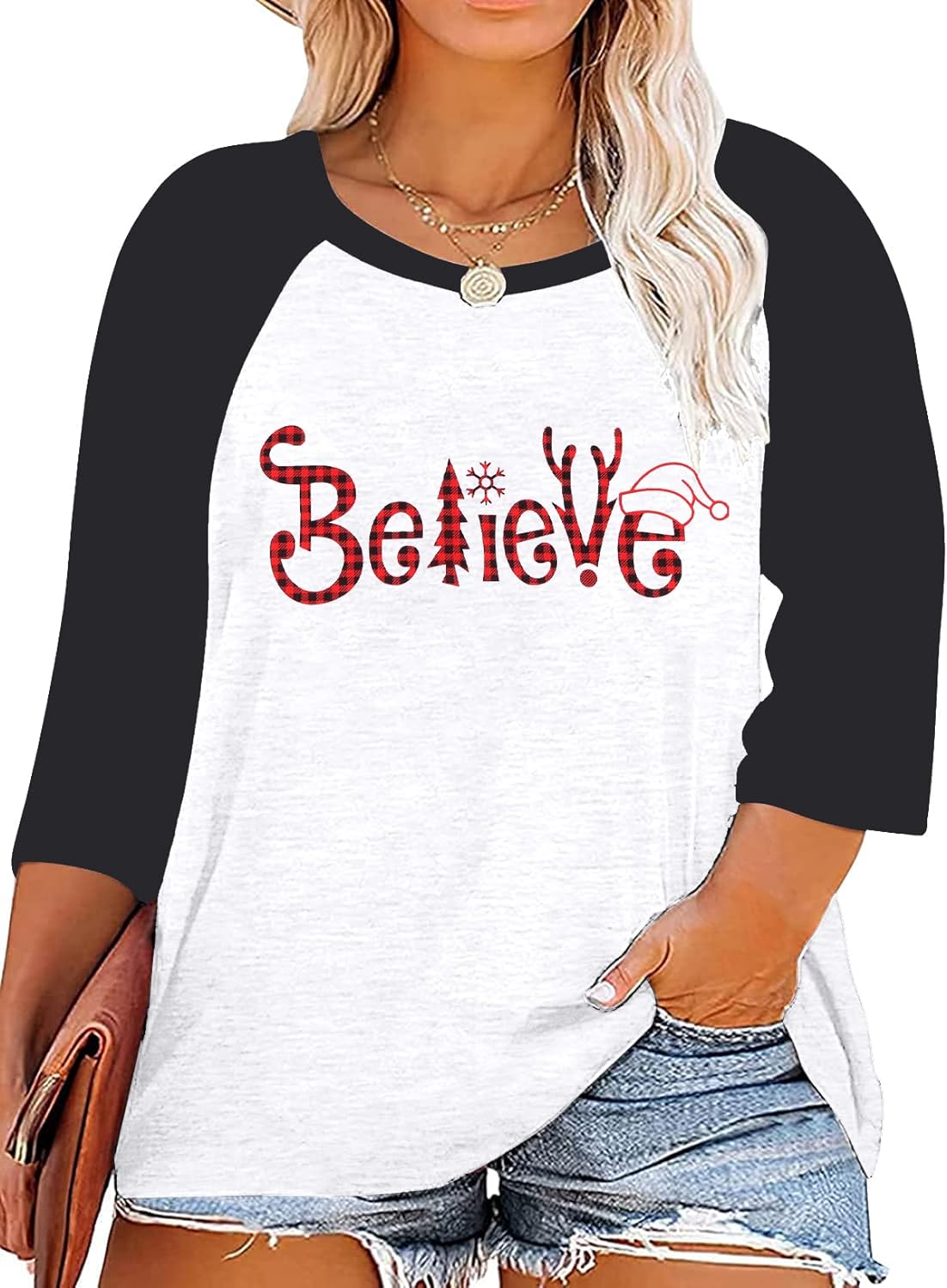 Plus Size Christmas Believe Plaid T Shirts Women Plaid Tree Cute Graphic Shirts 3/4 Raglan Sleeve Baseball Tee Tops