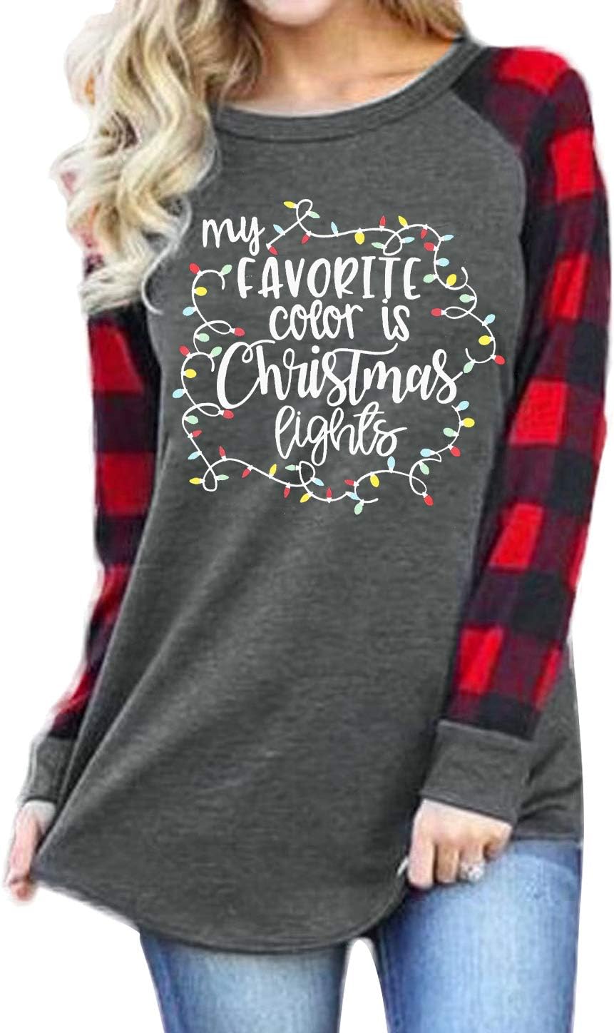 My Favorite Color is Christmas Lights T-Shirt Women Plaid Raglan Long Sleeve Holiday Casual Tops Tees Xmas Gift Blouse