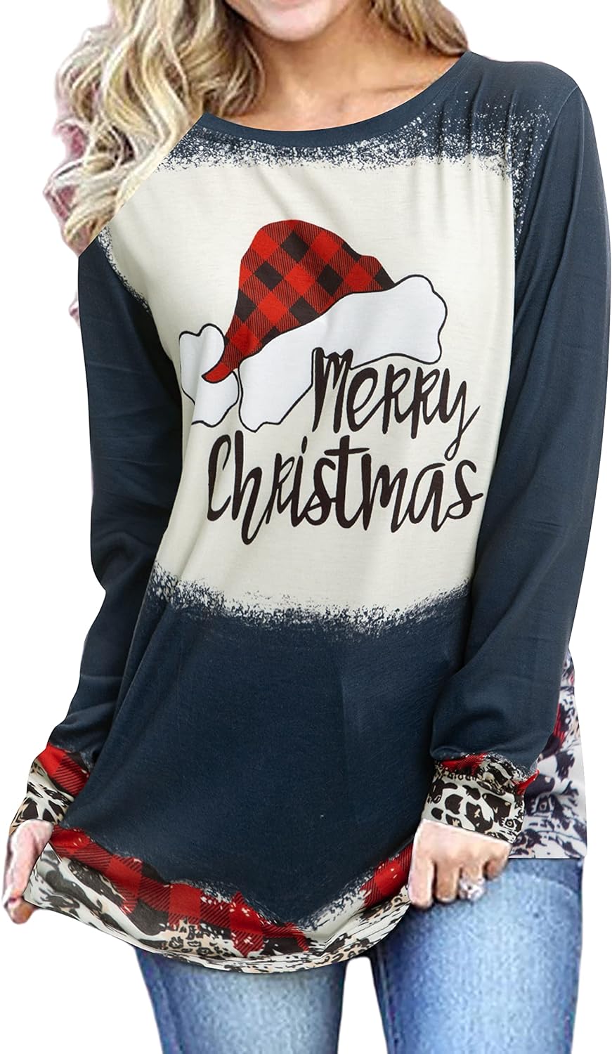 Merry Christmas Plaid T Shirts Women Cute Santas Hat Graphic Long Sleeve Raglan Baseball Tees Tops