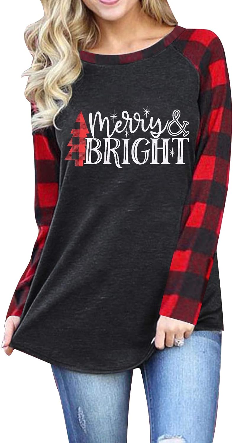 Merry and Bright Shirts Womens Christmas Tree Plaid Raglan Long Sleve Tees Letter Print Baseball T Shirt Tops